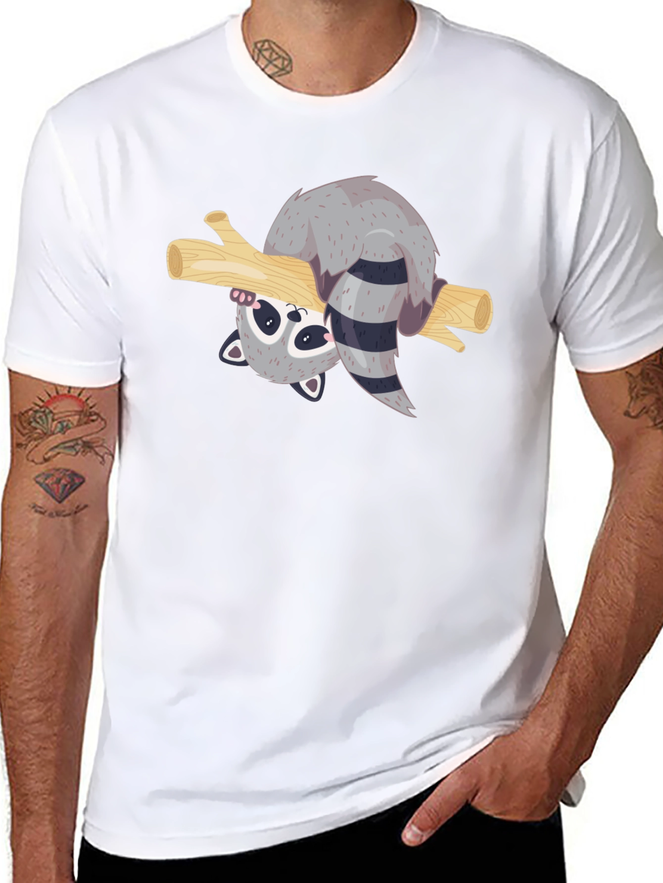 Cute Raccoon on Branch Black T-Shirt