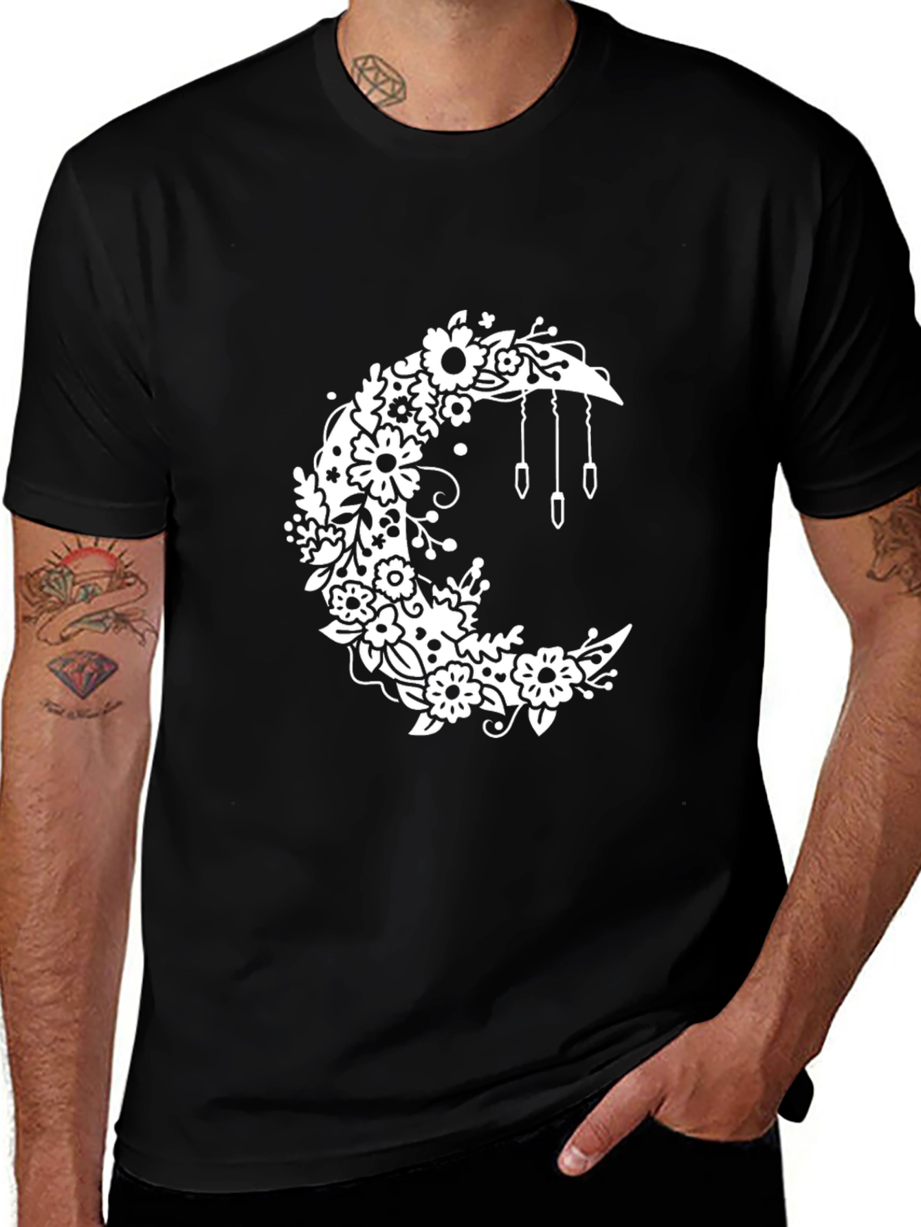 Floral Moon Black T-Shirt