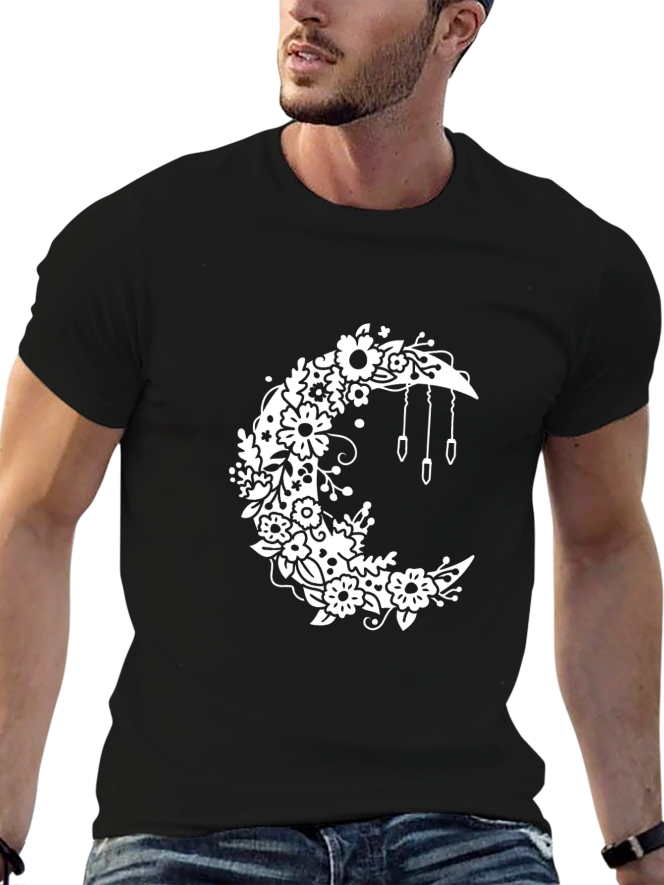 Floral Moon Black T-Shirt