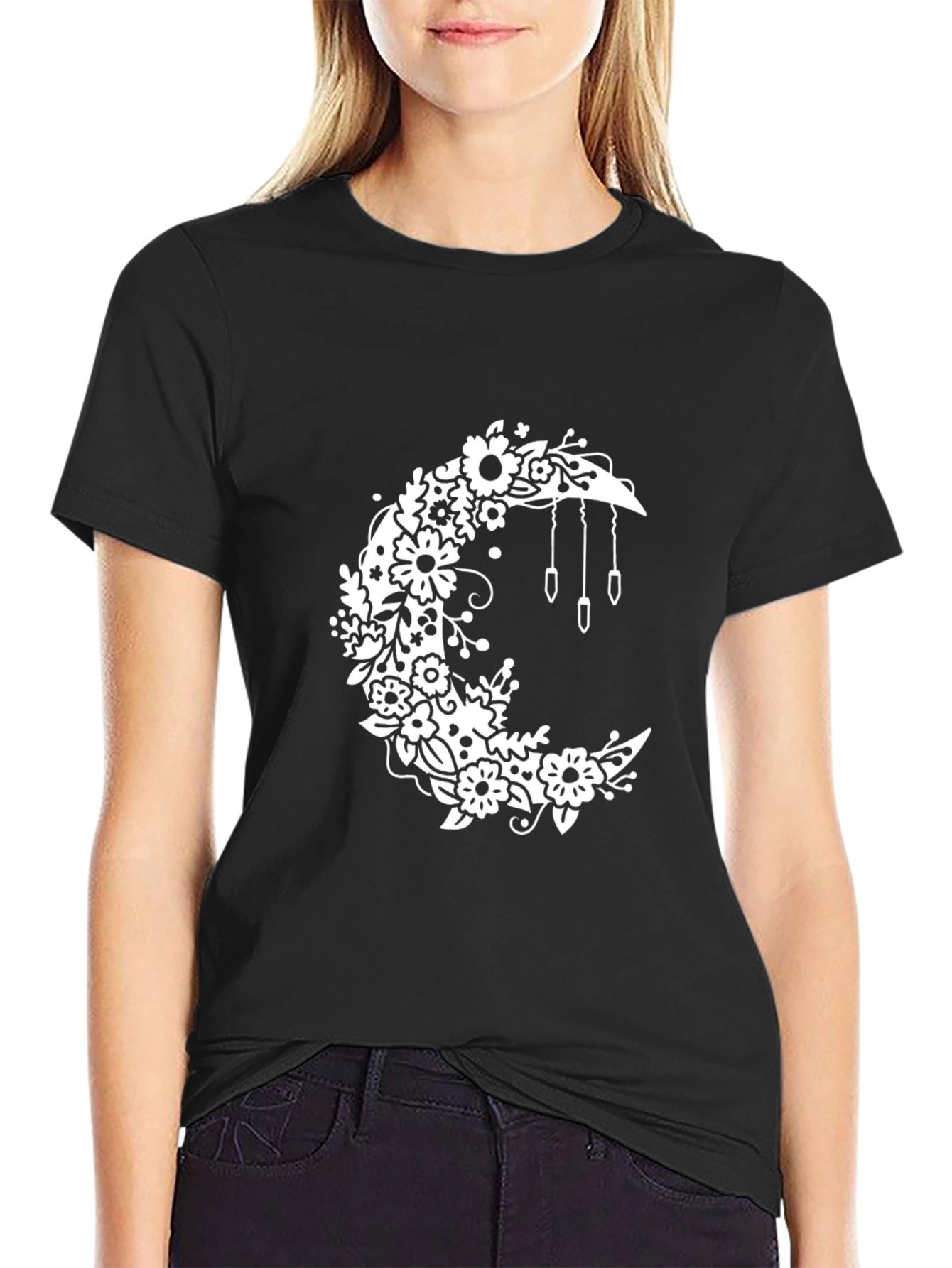Floral Moon Black T-Shirt