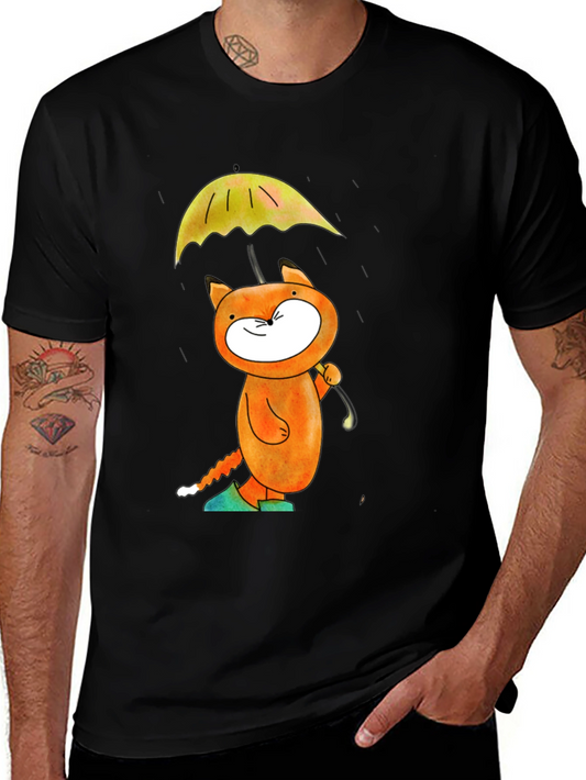 Whimsical Cat & Umbrella Graphic T-Shirt