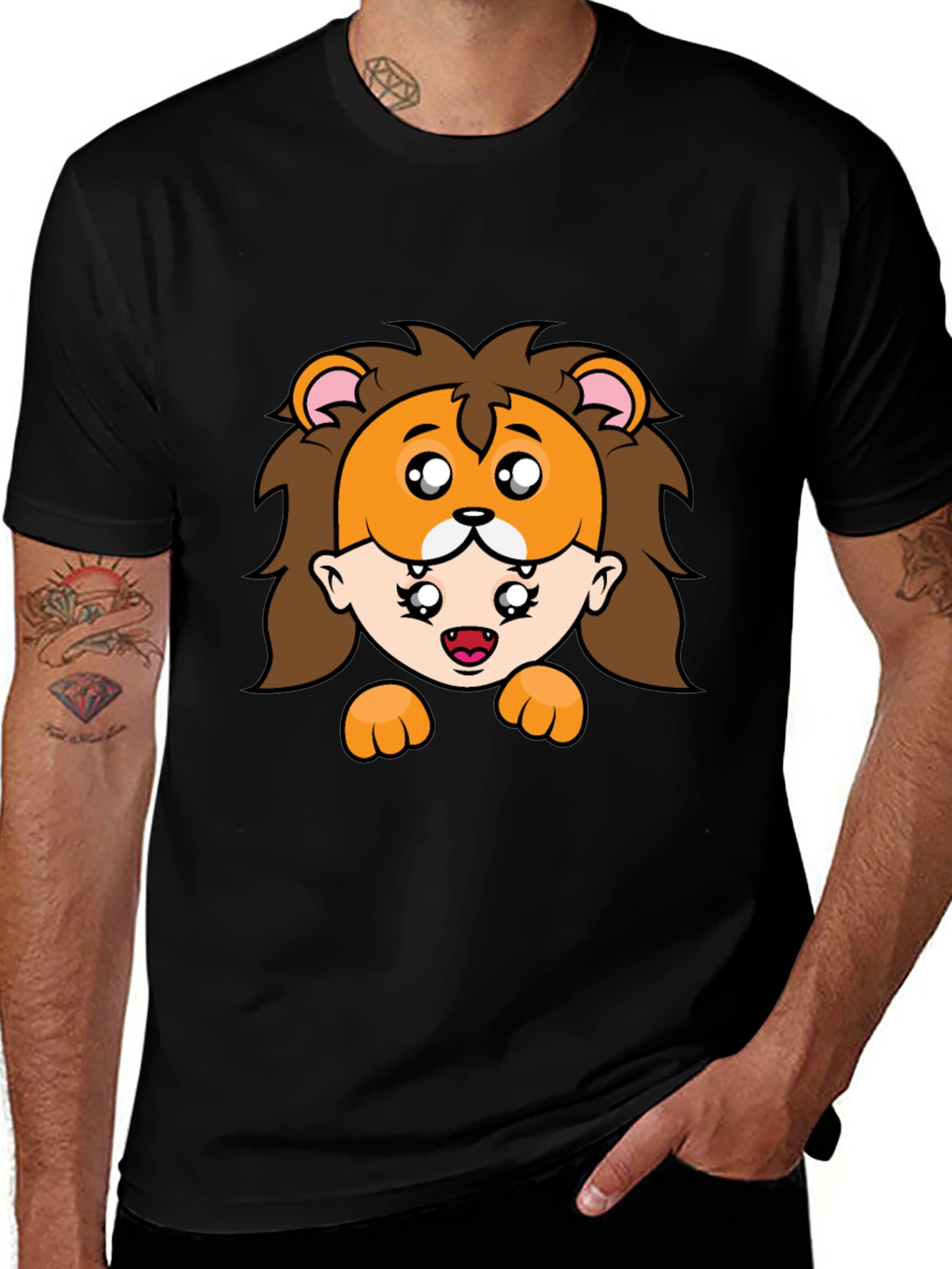 Lion Mask Cartoon Graphic Black T-Shirt