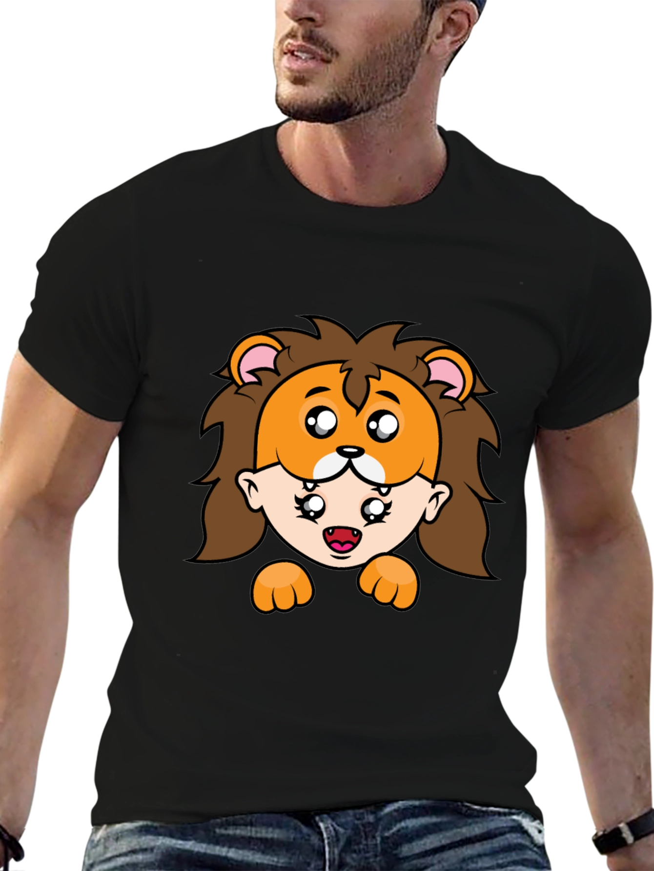 Lion Mask Cartoon Graphic Black T-Shirt