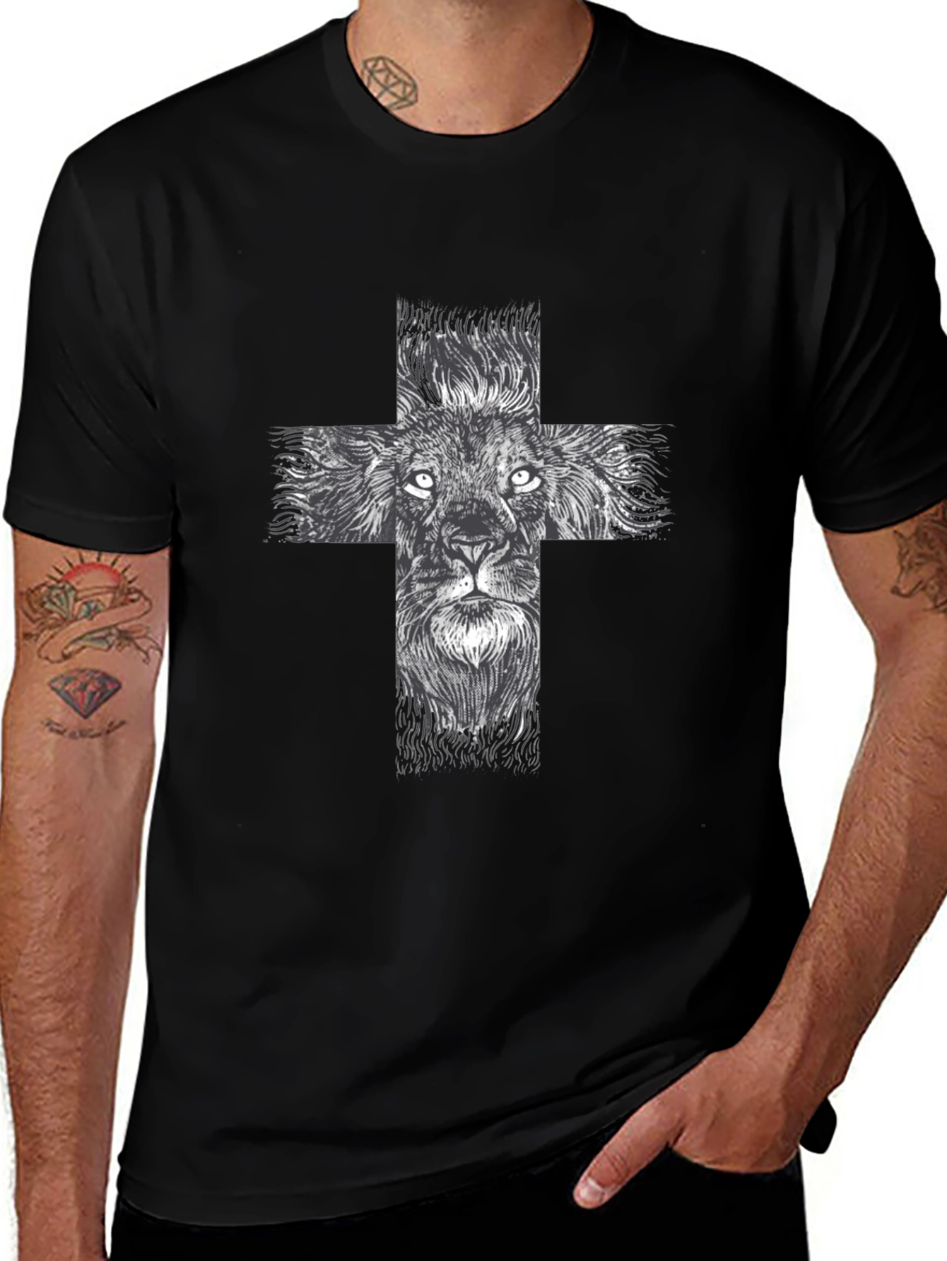 Lion Cross Graphic Tee - Black Casual T-Shirt