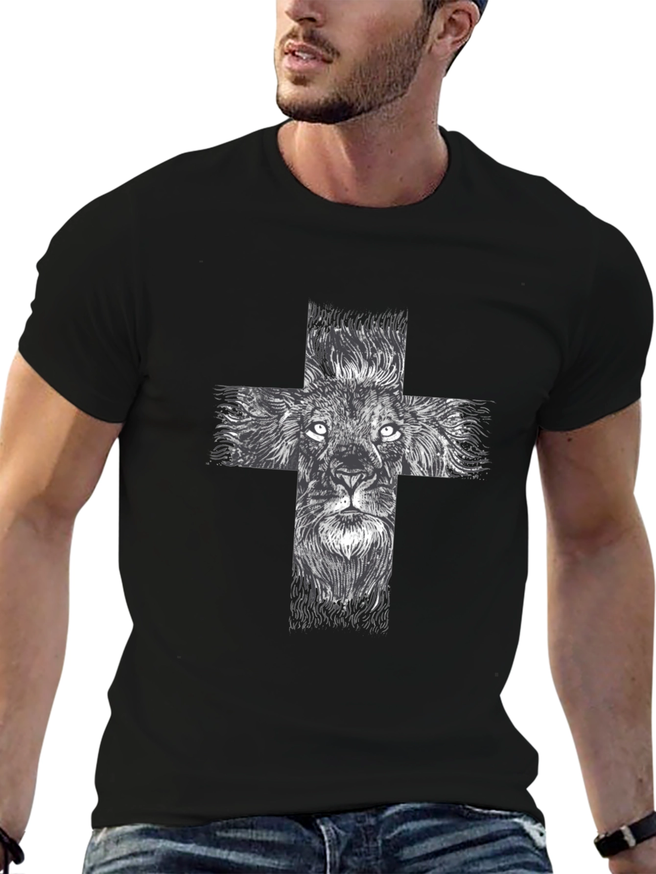 Lion Cross Graphic Tee - Black Casual T-Shirt