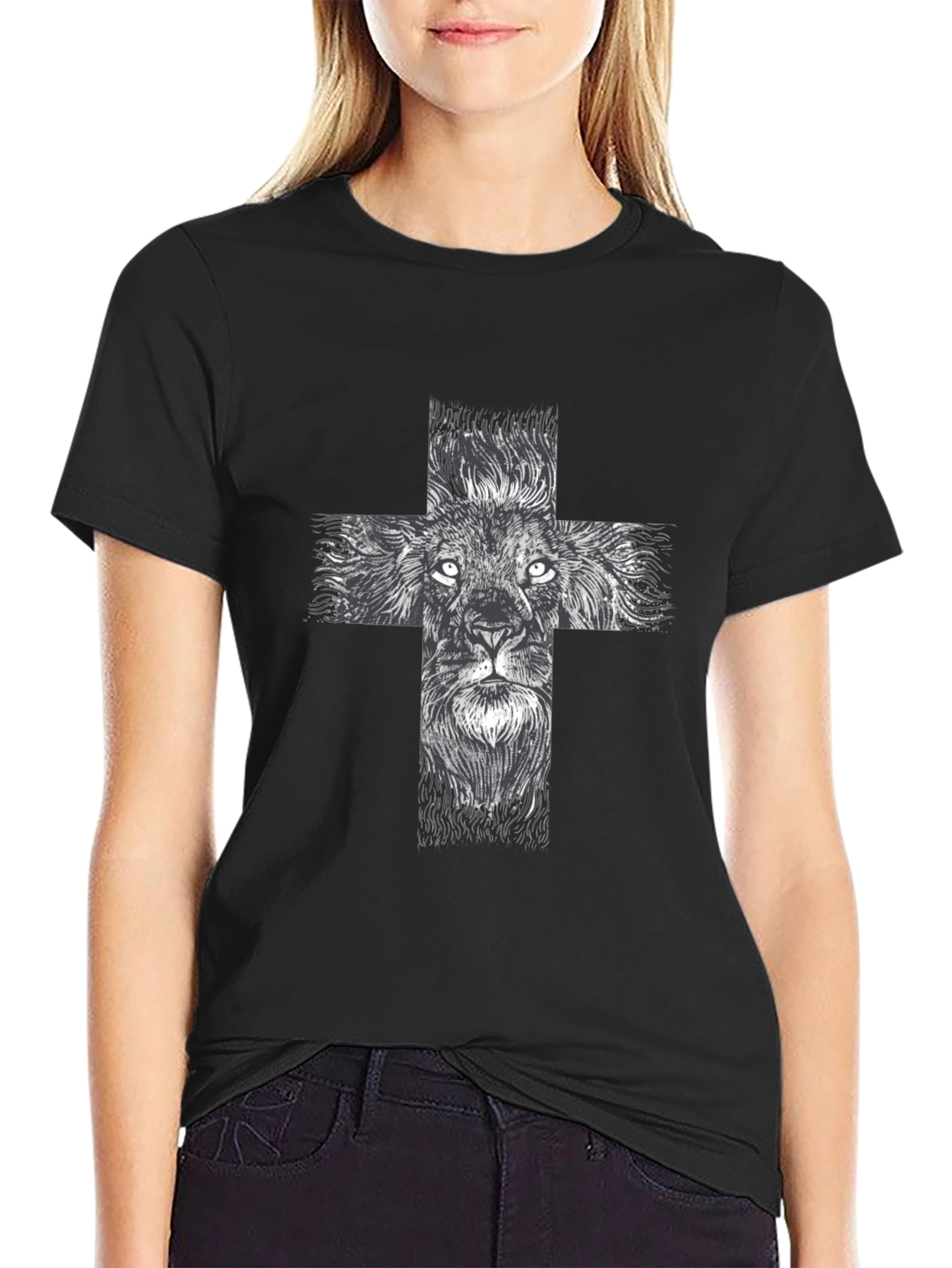 Lion Cross Graphic Tee - Black Casual T-Shirt