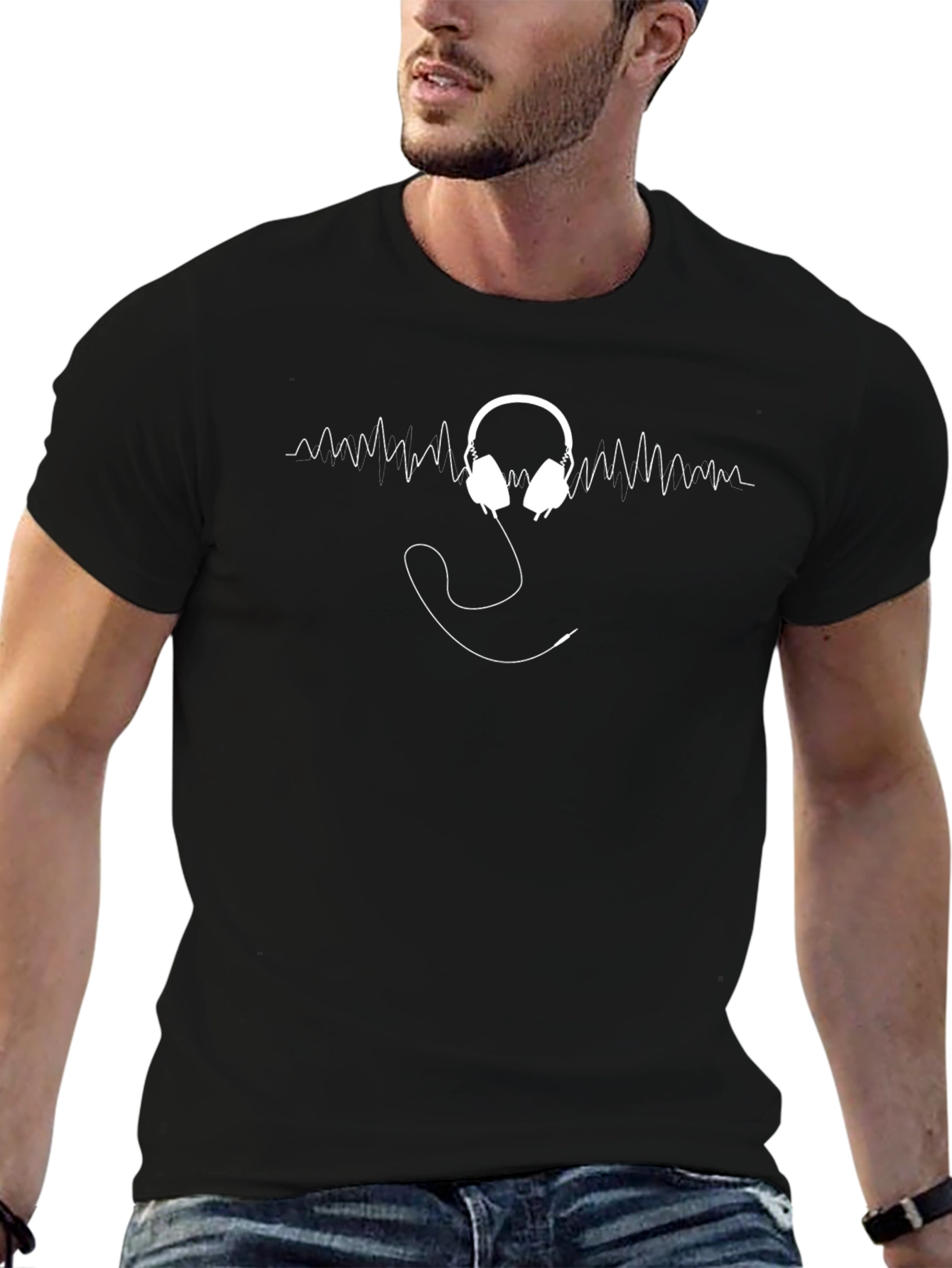 Headphone Wave Graphic Tee - Black Cotton T-Shirt