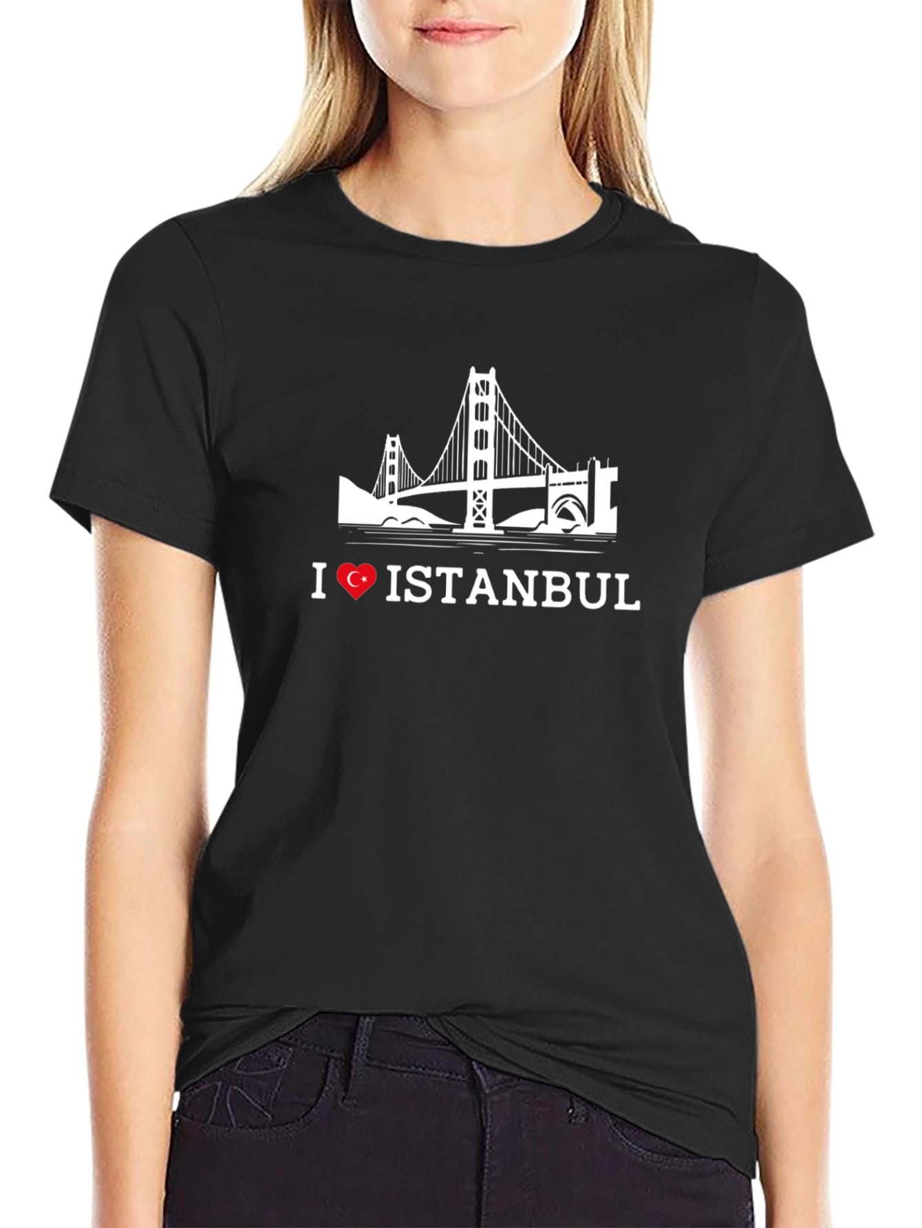 I Love Istanbul Black T-Shirt with Bridge Graphic