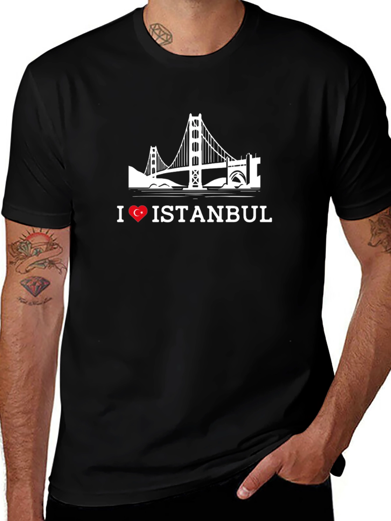 I Love Istanbul Black T-Shirt with Bridge Graphic