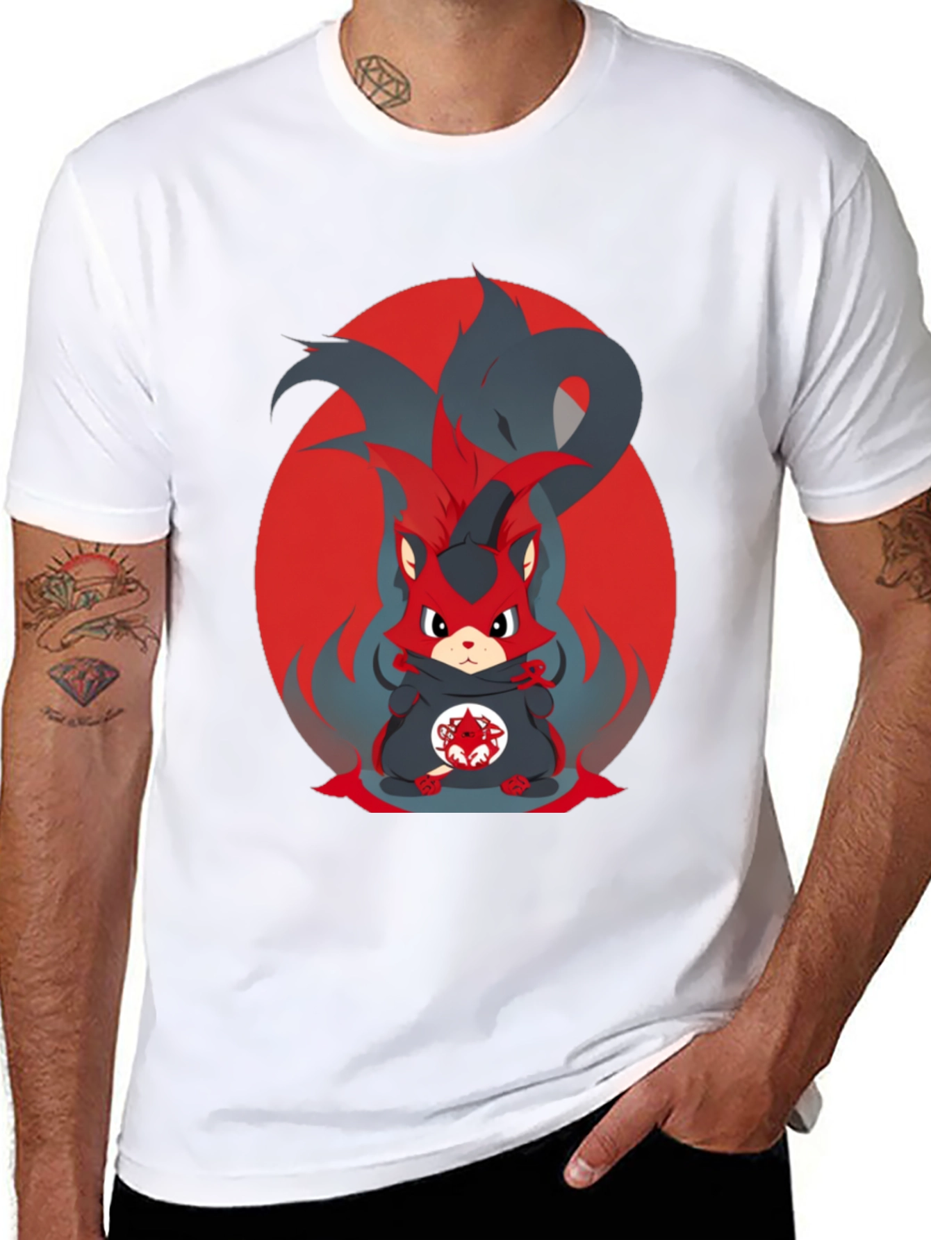 Anime Red Fox Graphic Tee - Mens Black T-Shirt