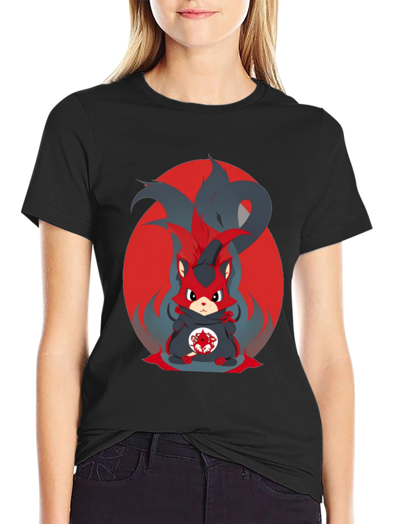 Anime Red Fox Graphic Tee - Mens Black T-Shirt