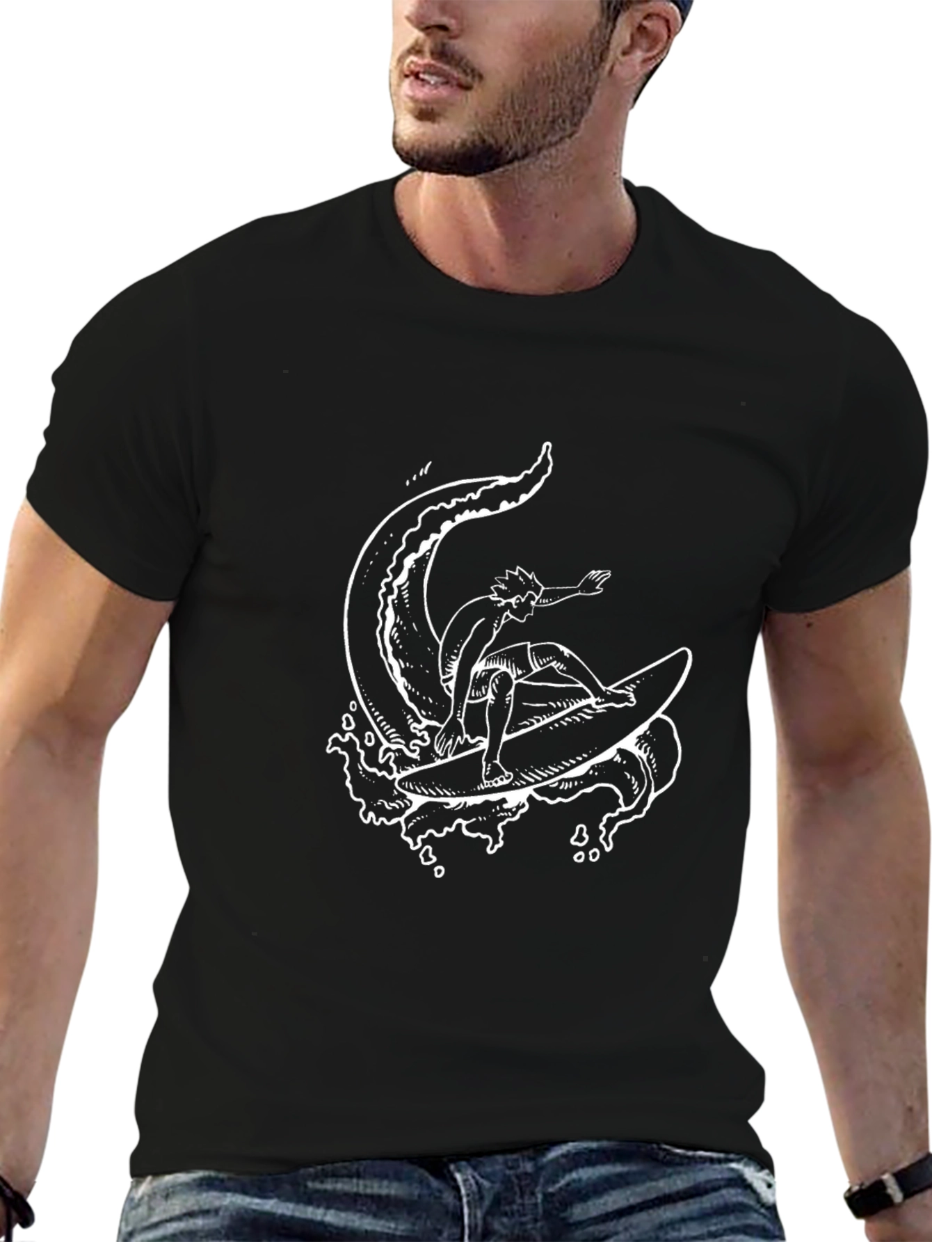 Surfer Wave Graphic Tee - Black Cotton T-Shirt