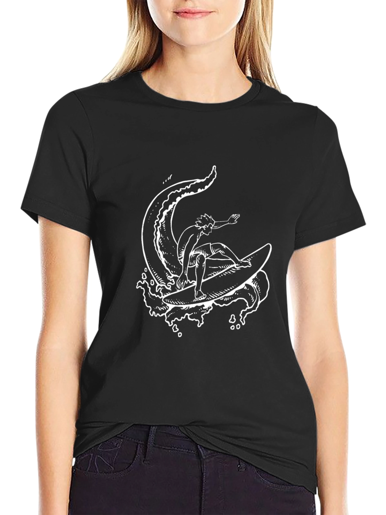 Surfer Wave Graphic Tee - Black Cotton T-Shirt