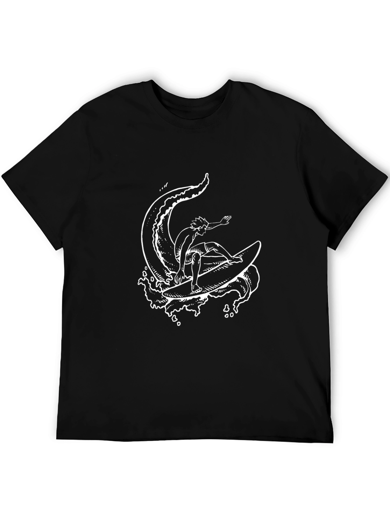 Surfer Wave Graphic Tee - Black Cotton T-Shirt