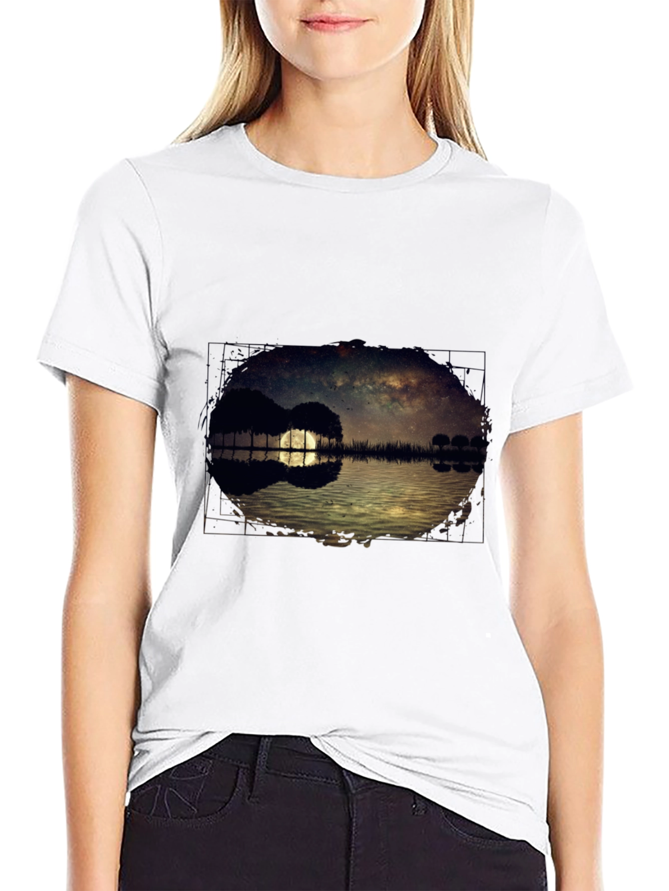 Guitar Landscape Graphic Tee - Black Cotton Casual Shirt
