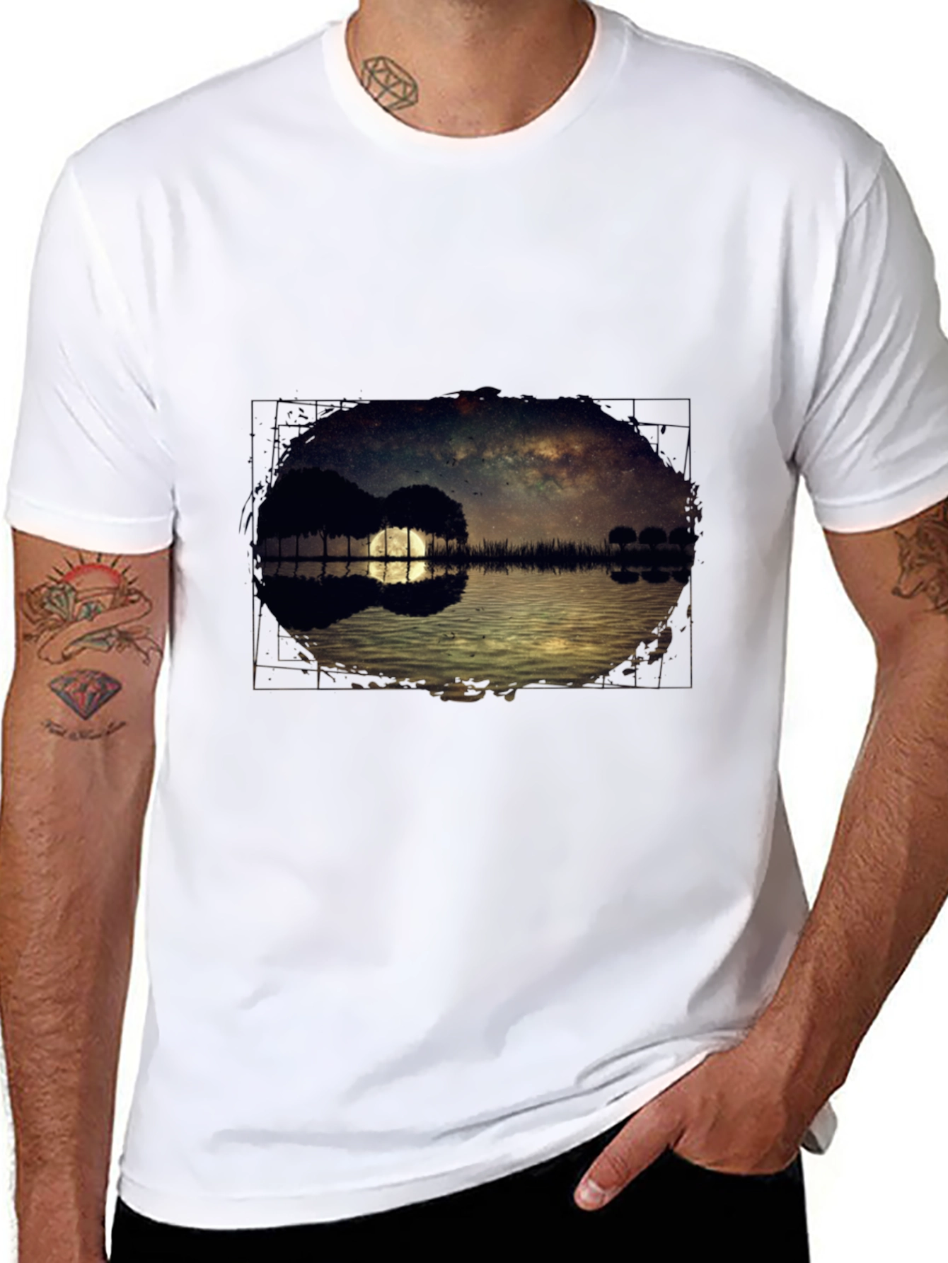 Guitar Landscape Graphic Tee - Black Cotton Casual Shirt