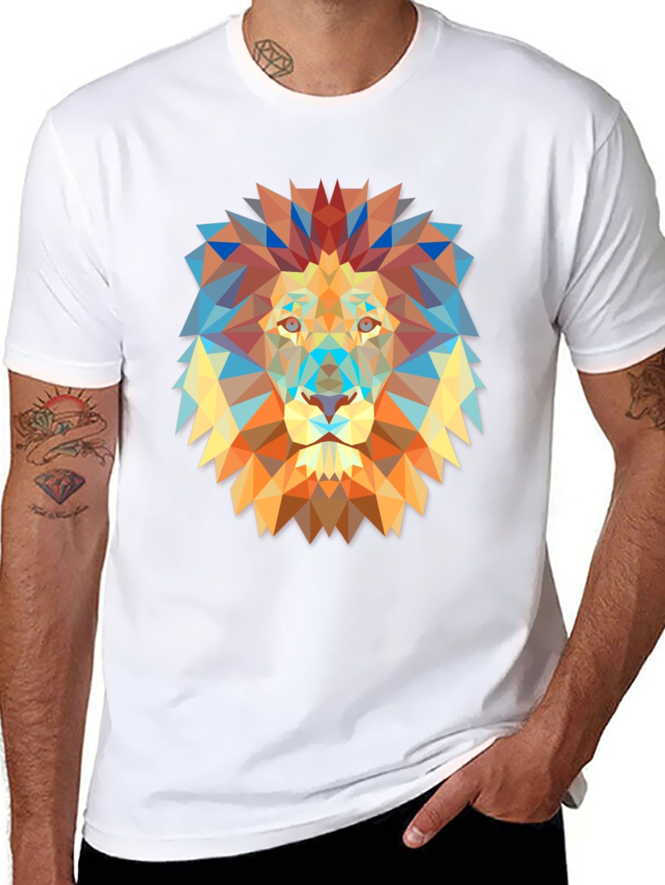 Geometric Lion Graphic Print Black T-Shirt