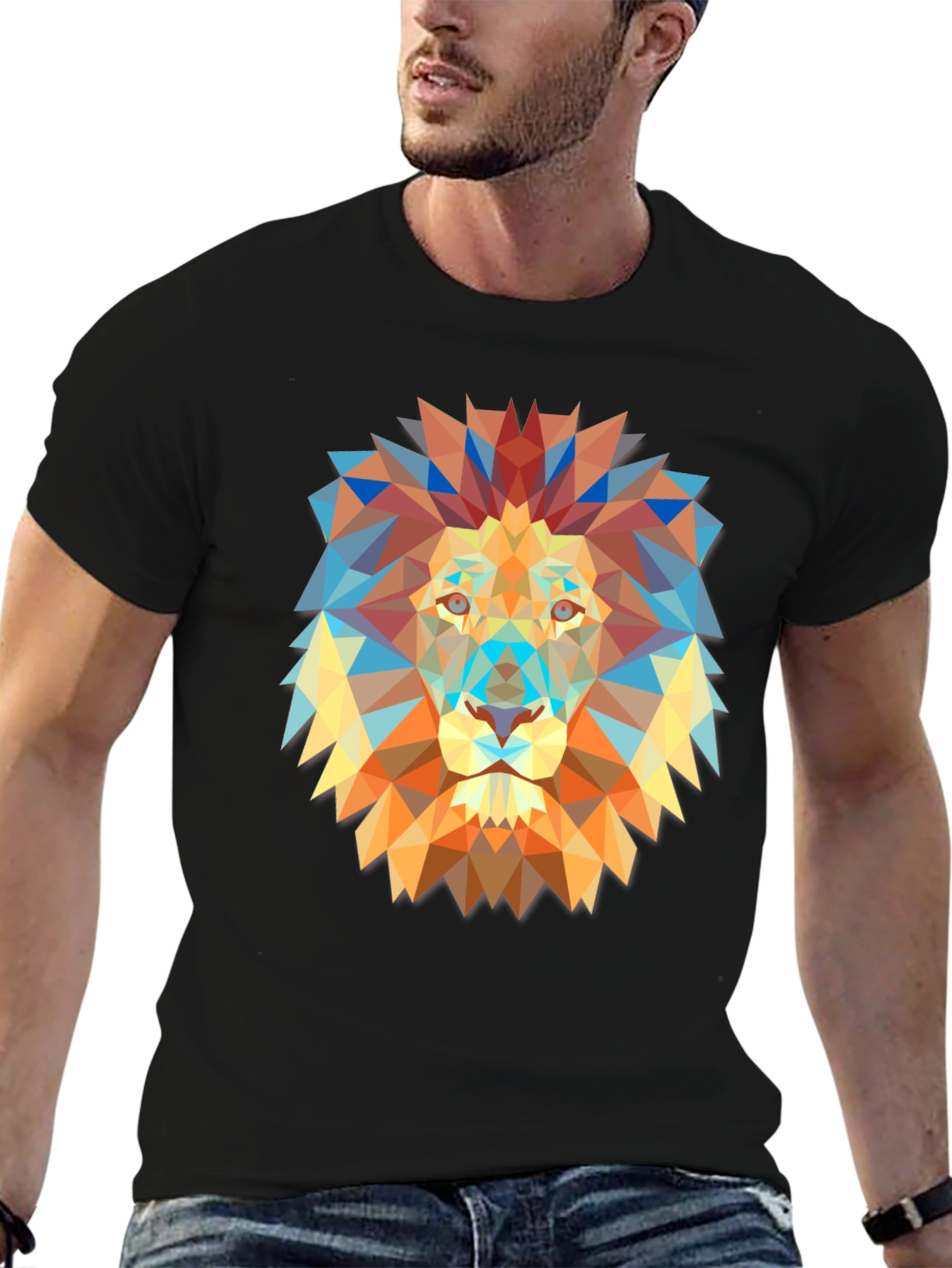 Geometric Lion Graphic Print Black T-Shirt