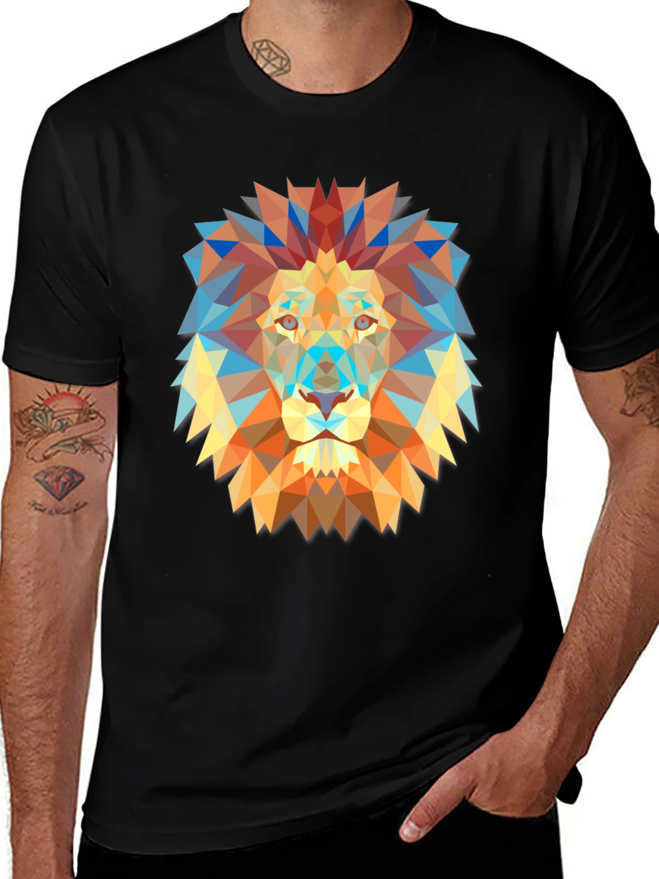 Geometric Lion Graphic Print Black T-Shirt