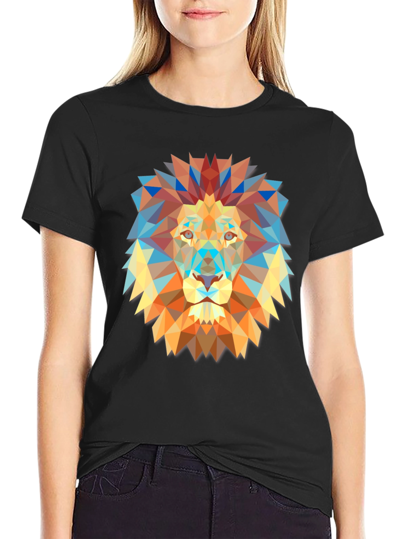 Geometric Lion Graphic Print Black T-Shirt