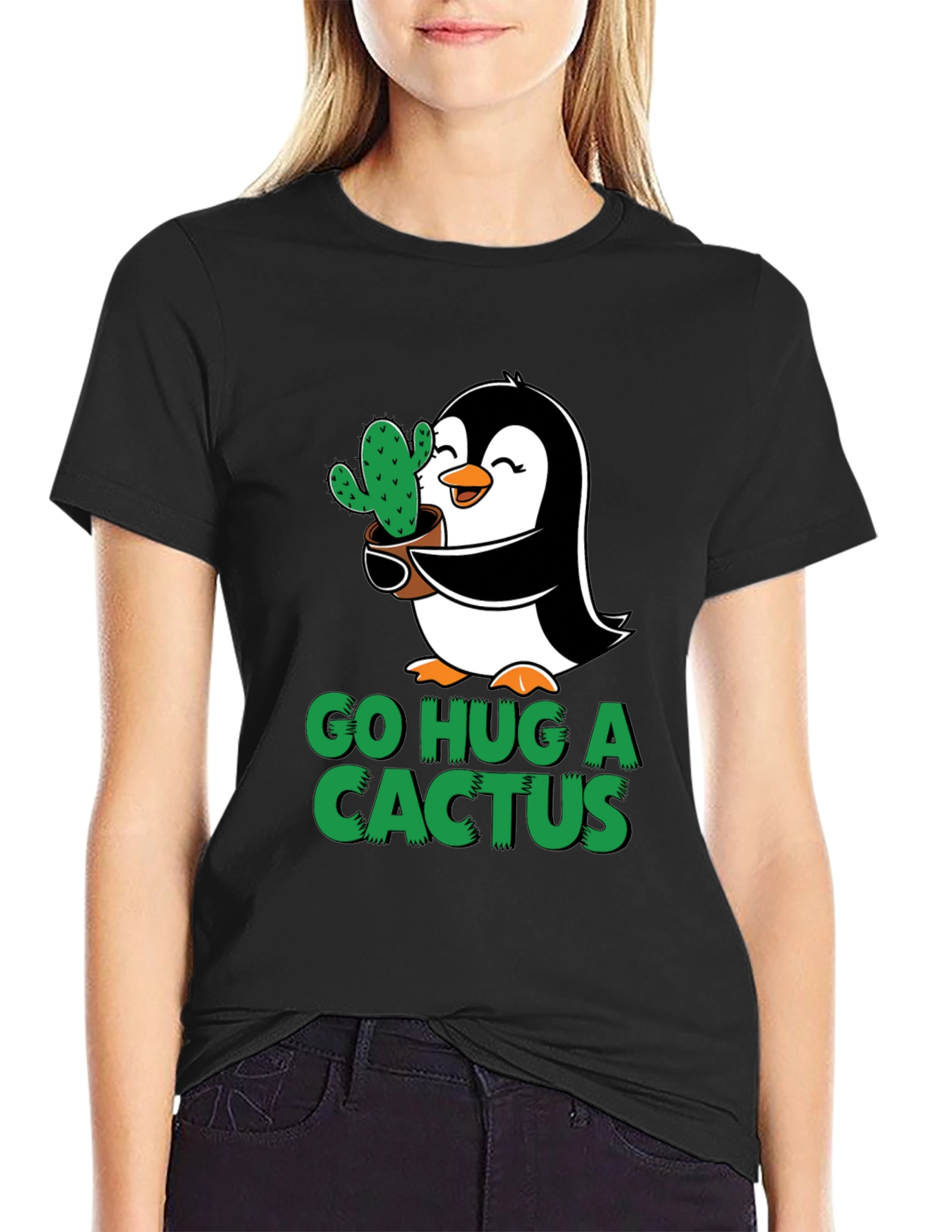 Go Hug a Cactus Penguin Graphic Tee