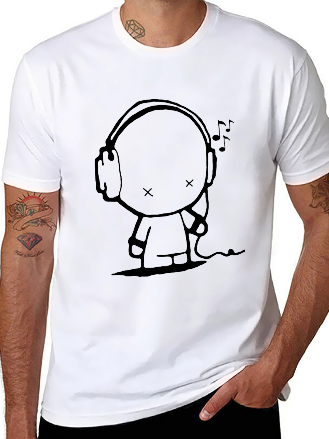 Cartoon Graphic Black Tee - Headphone Music Lover