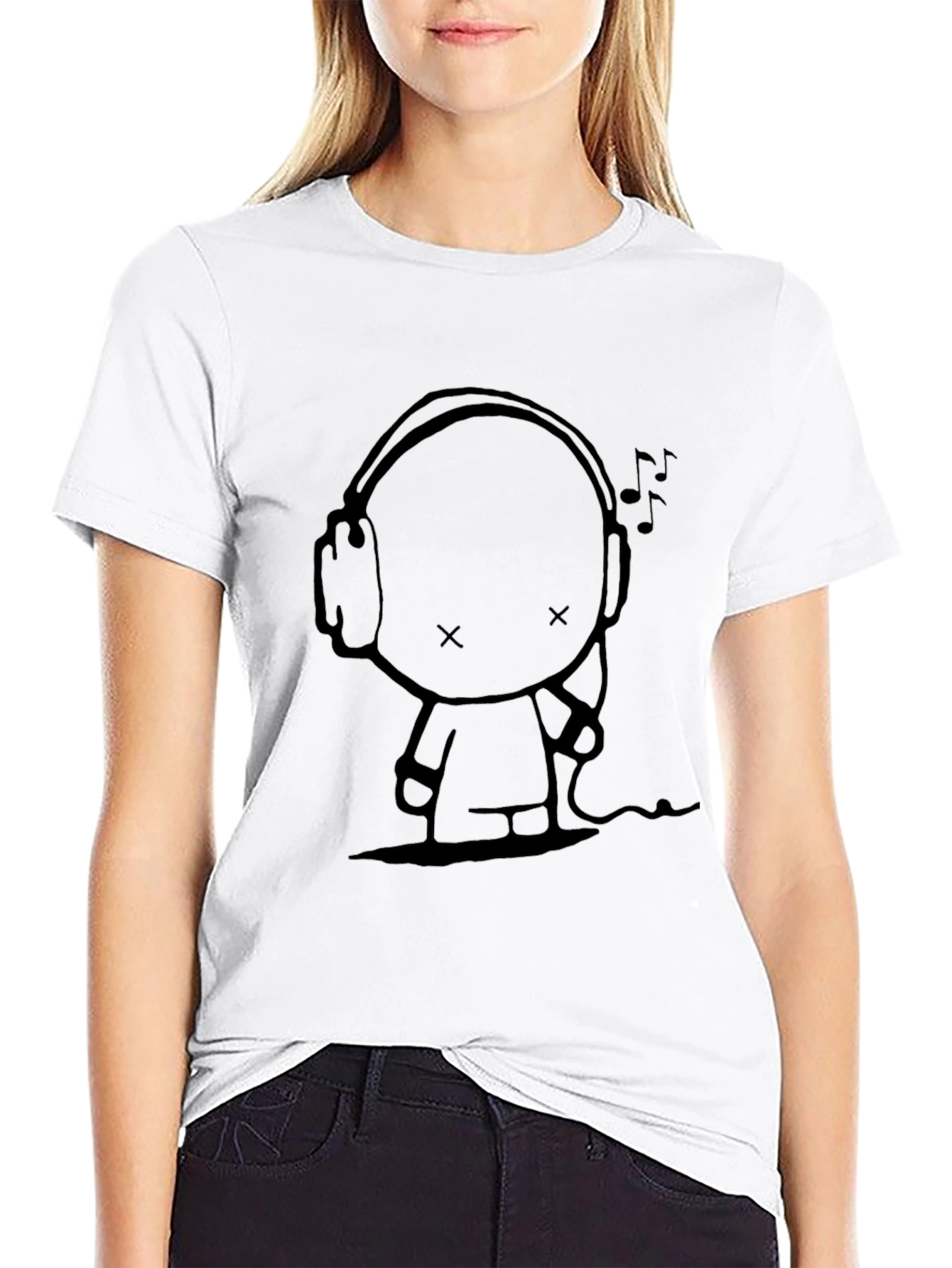 Cartoon Graphic Black Tee - Headphone Music Lover
