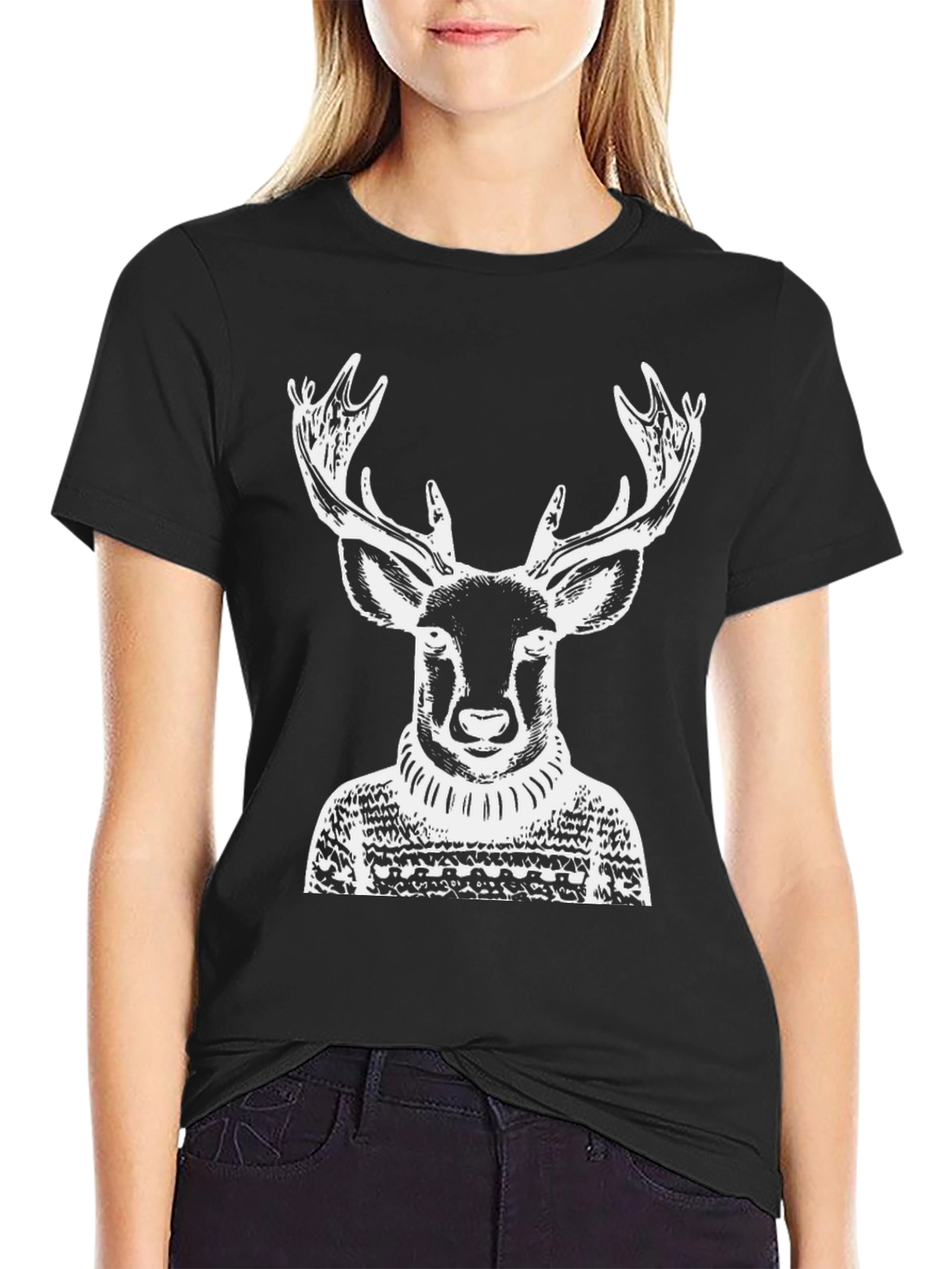 Deer in Sweater Graphic Tee - Black