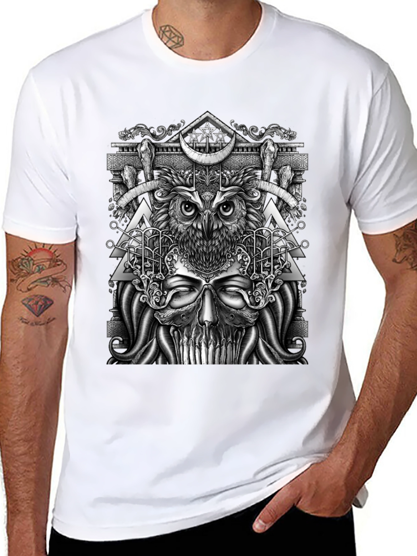 Mystic Owl & Skull Graphic Tee - Unique Design