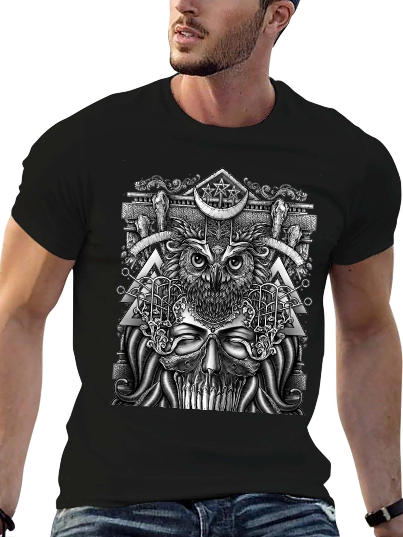 Mystic Owl & Skull Graphic Tee - Unique Design