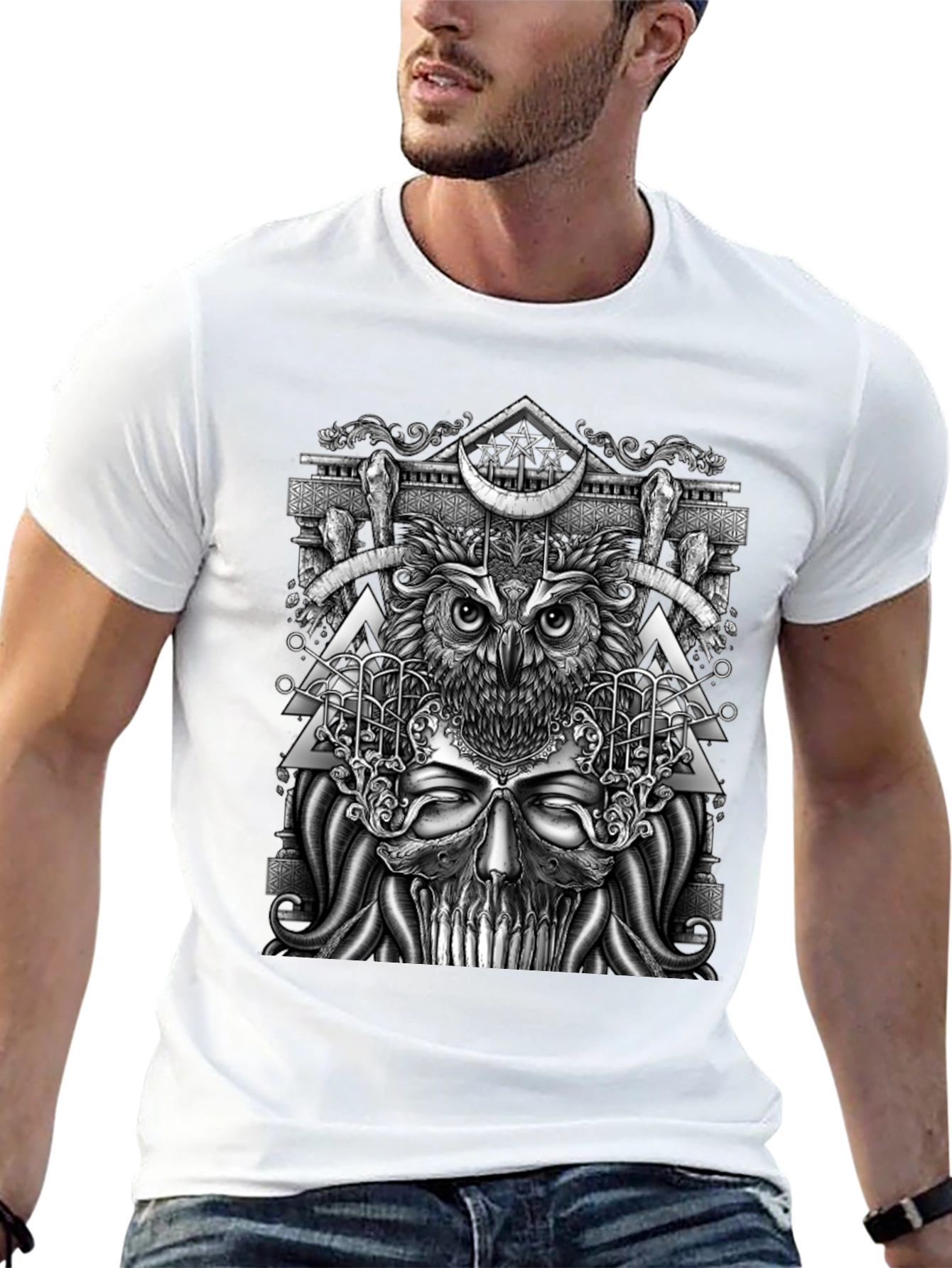 Mystic Owl & Skull Graphic Tee - Unique Design