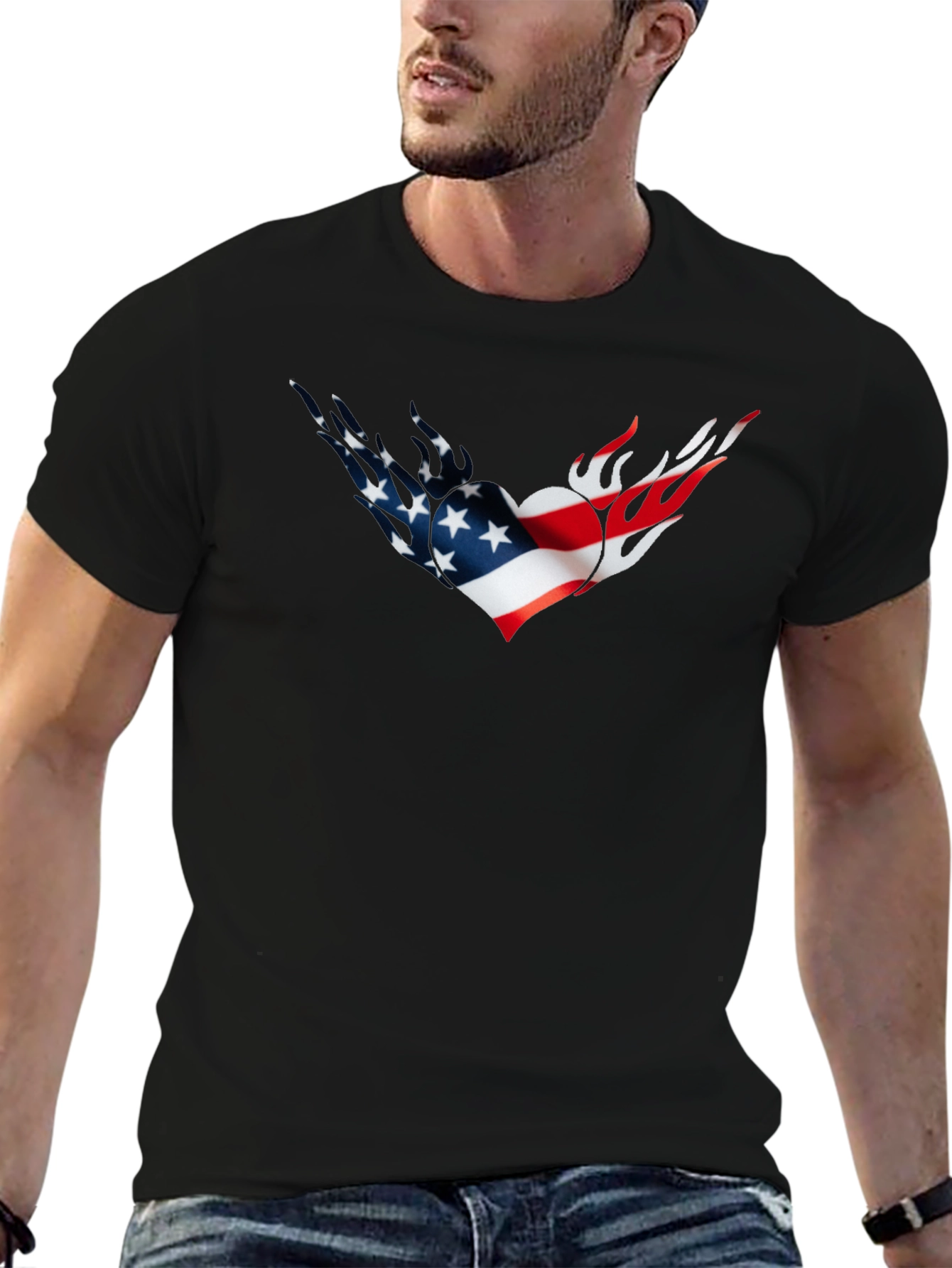 American Flag Heart Flames Graphic Tee