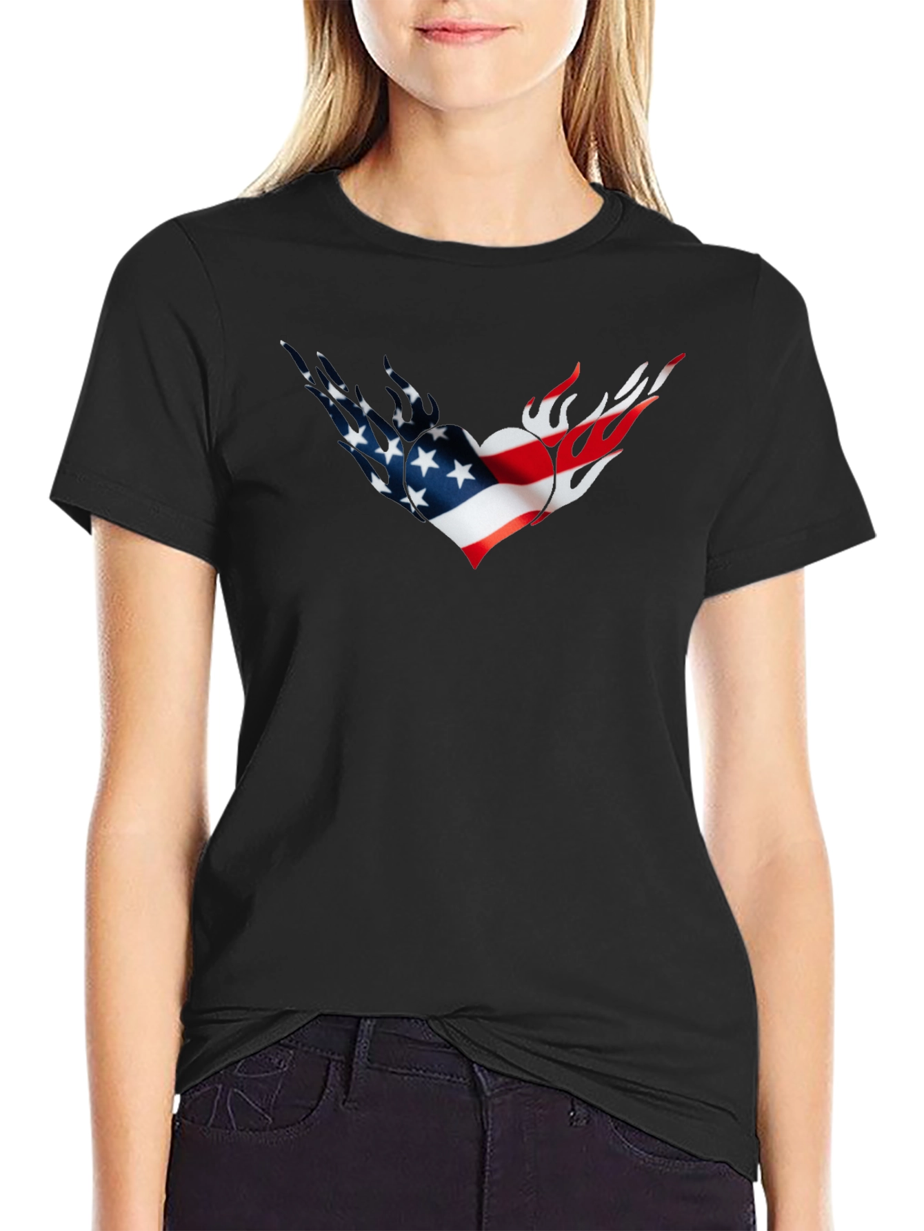 American Flag Heart Flames Graphic Tee