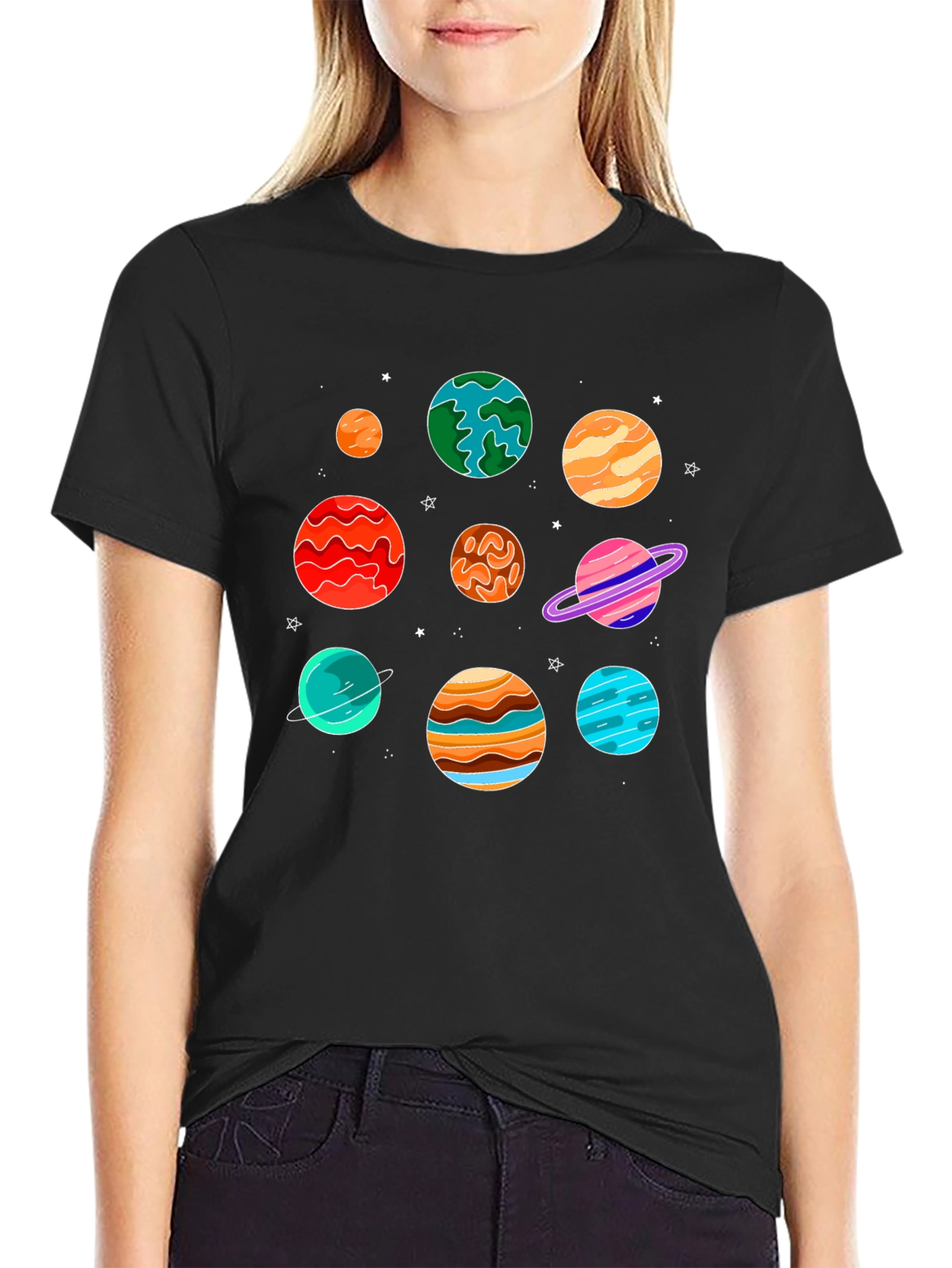 Planets Graphic Print Black T-Shirt