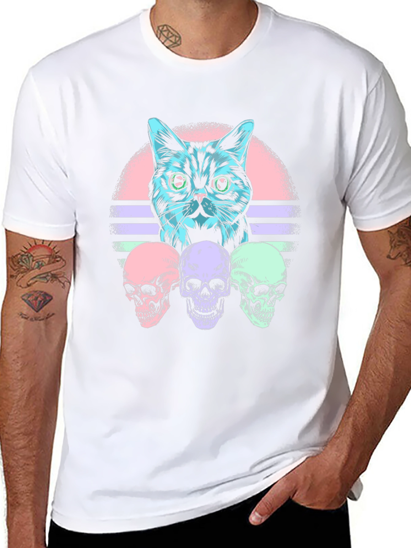 Cat & Skulls Graphic T-Shirt - Retro Style
