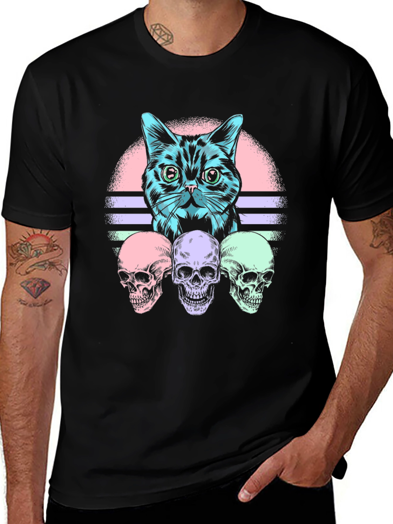 Cat & Skulls Graphic T-Shirt - Retro Style