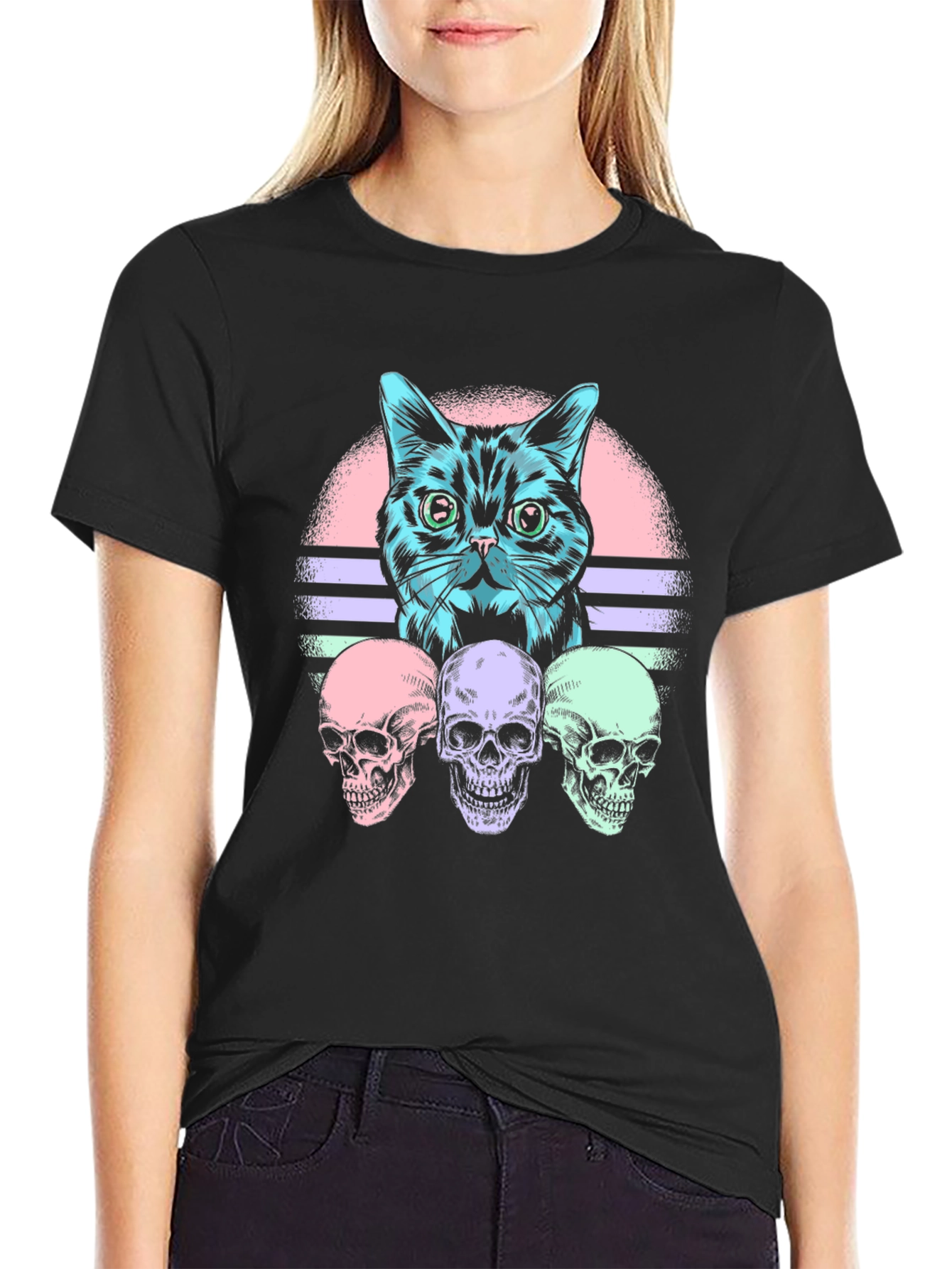 Cat & Skulls Graphic T-Shirt - Retro Style
