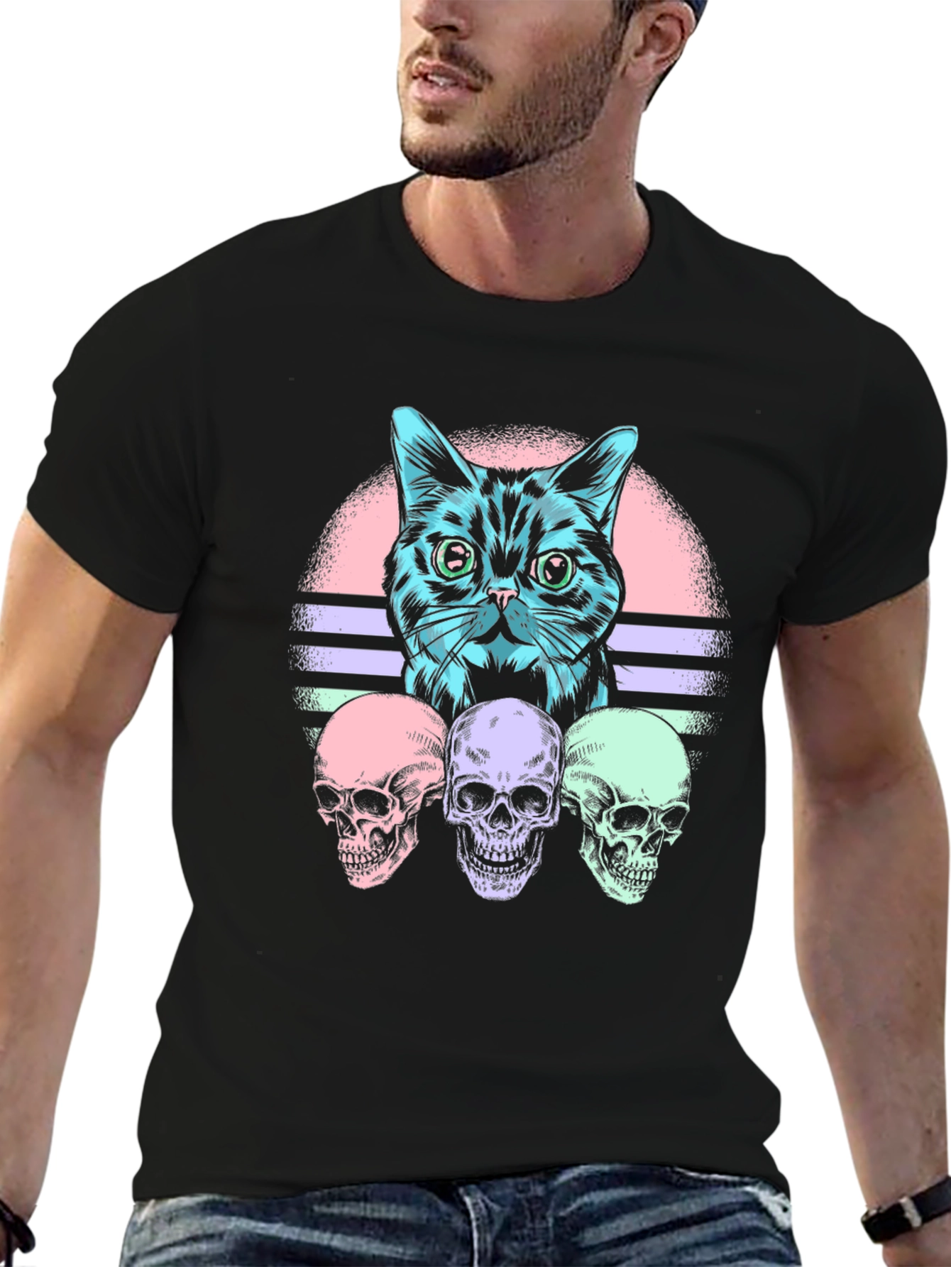 Cat & Skulls Graphic T-Shirt - Retro Style