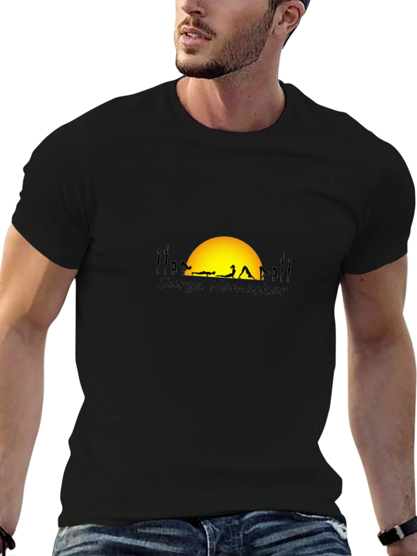Surya Namaskar Black T-Shirt - Yoga & Sun Design