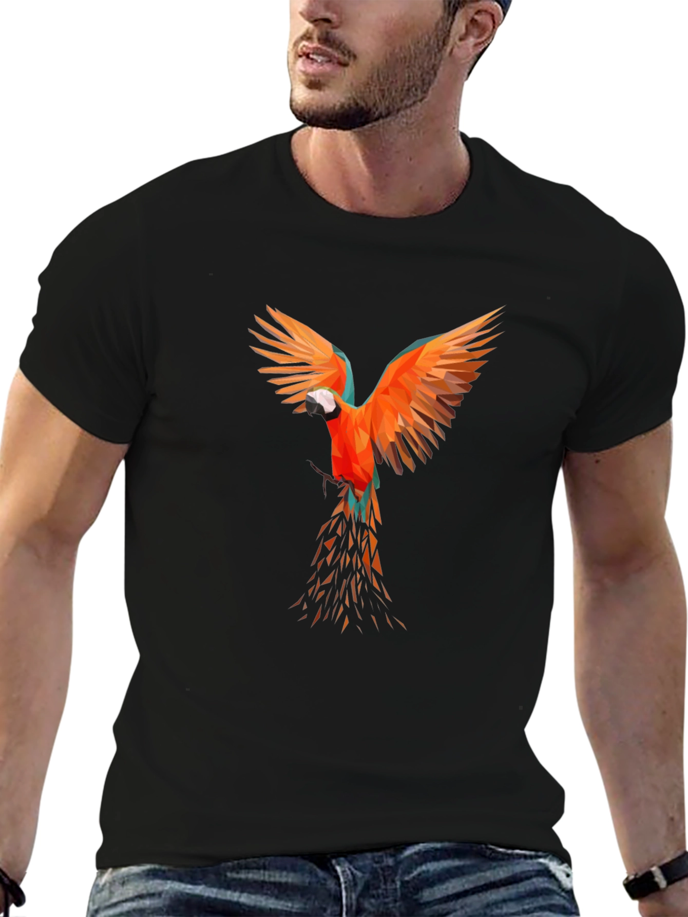 Geometric Parrot Print Black T-Shirt