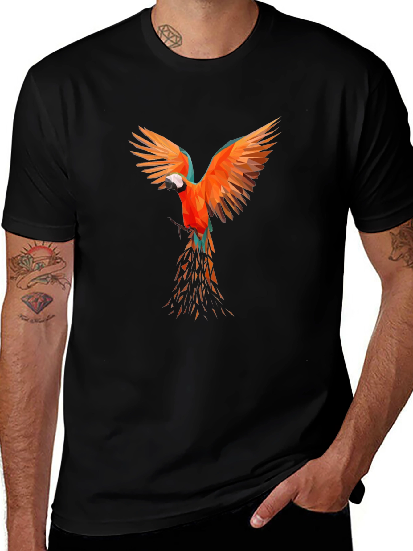 Geometric Parrot Print Black T-Shirt