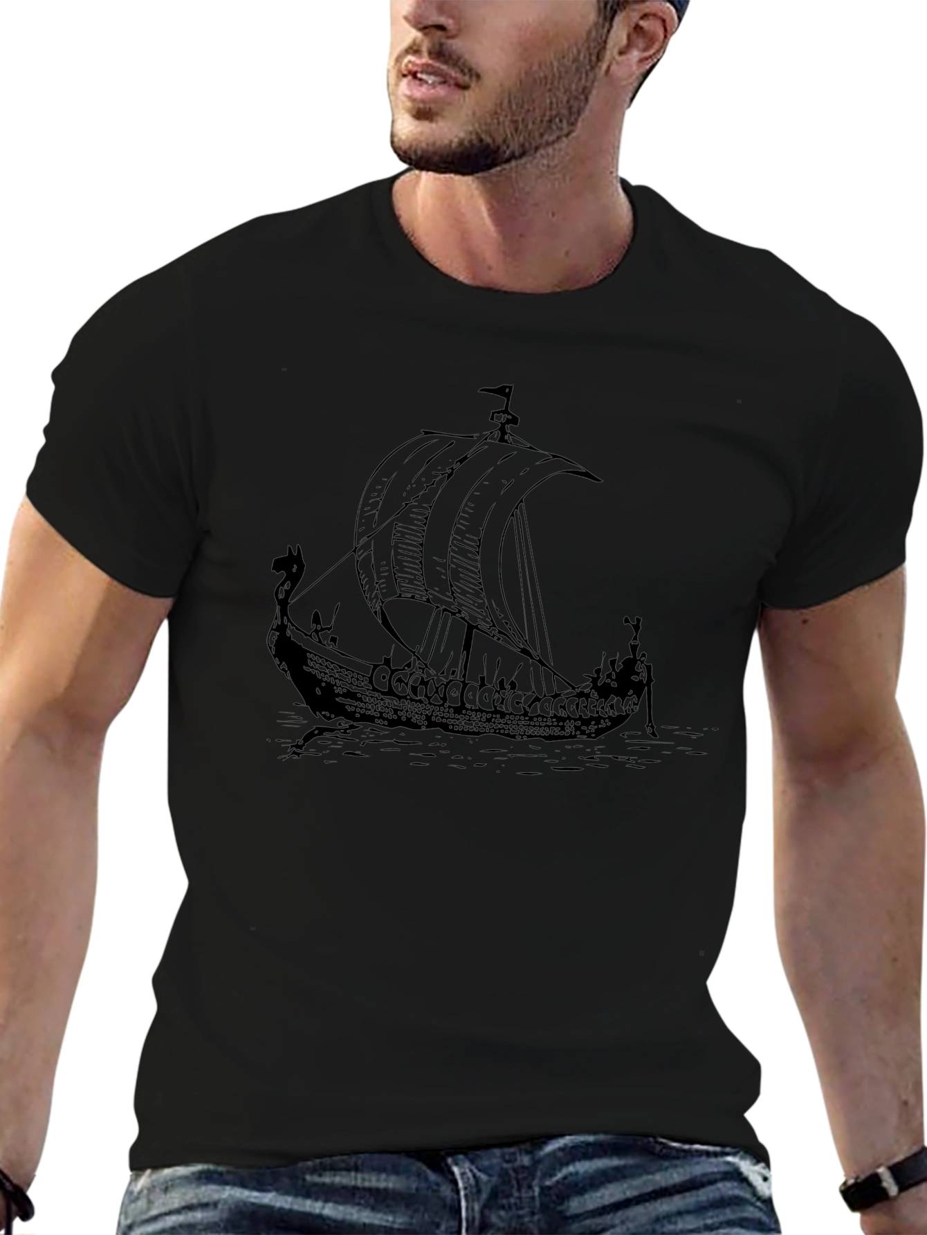 Viking Ship Graphic Tee - Black