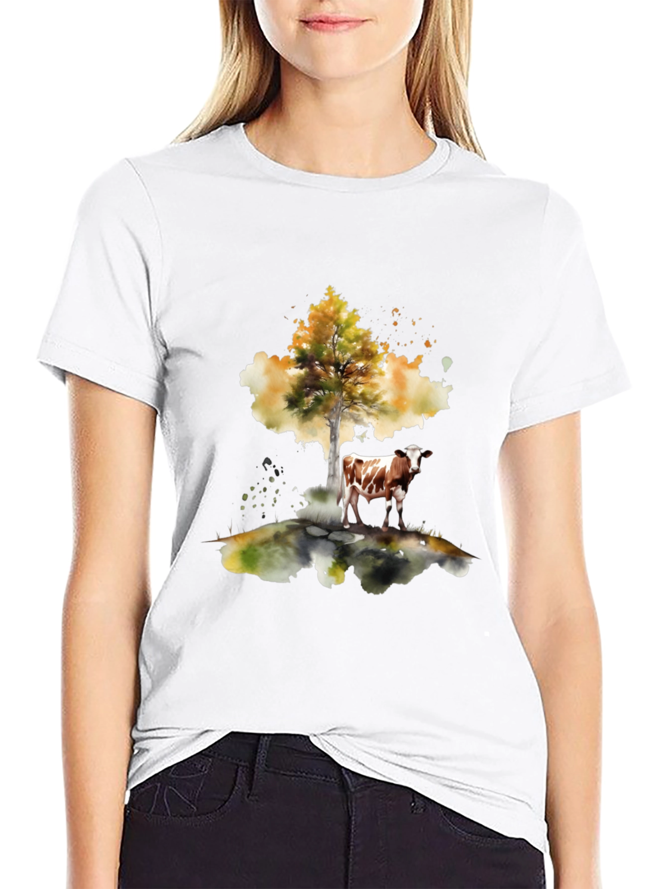Cow Under Tree Black T-Shirt