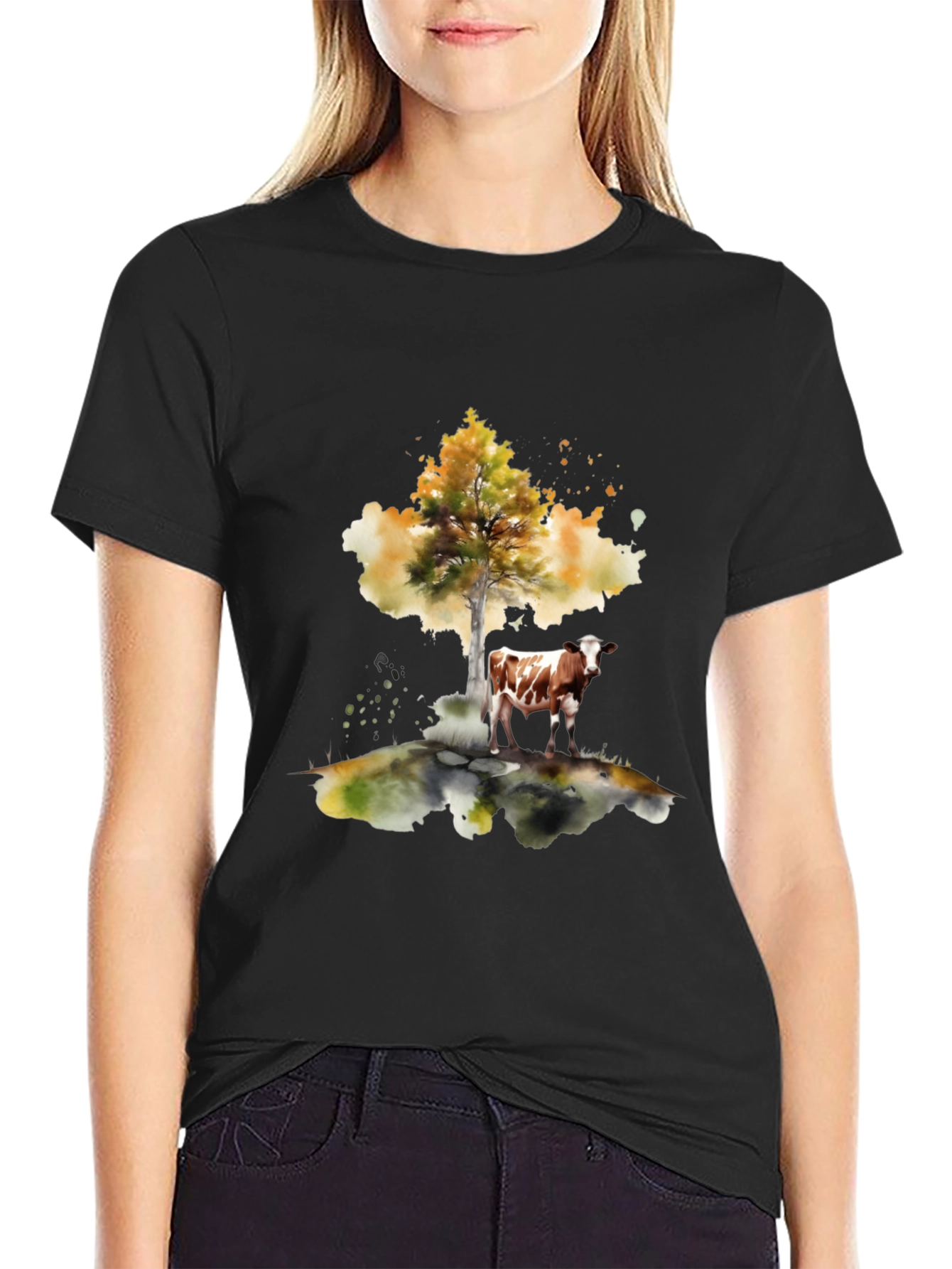 Cow Under Tree Black T-Shirt