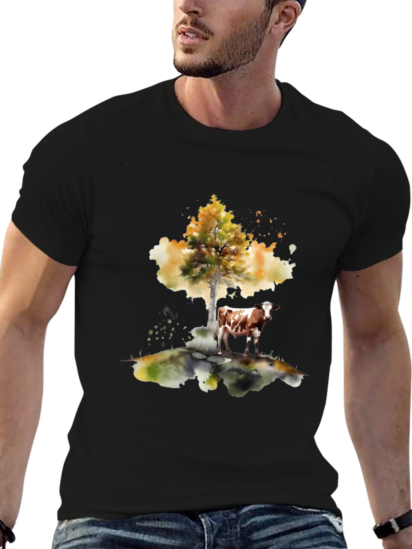 Cow Under Tree Black T-Shirt