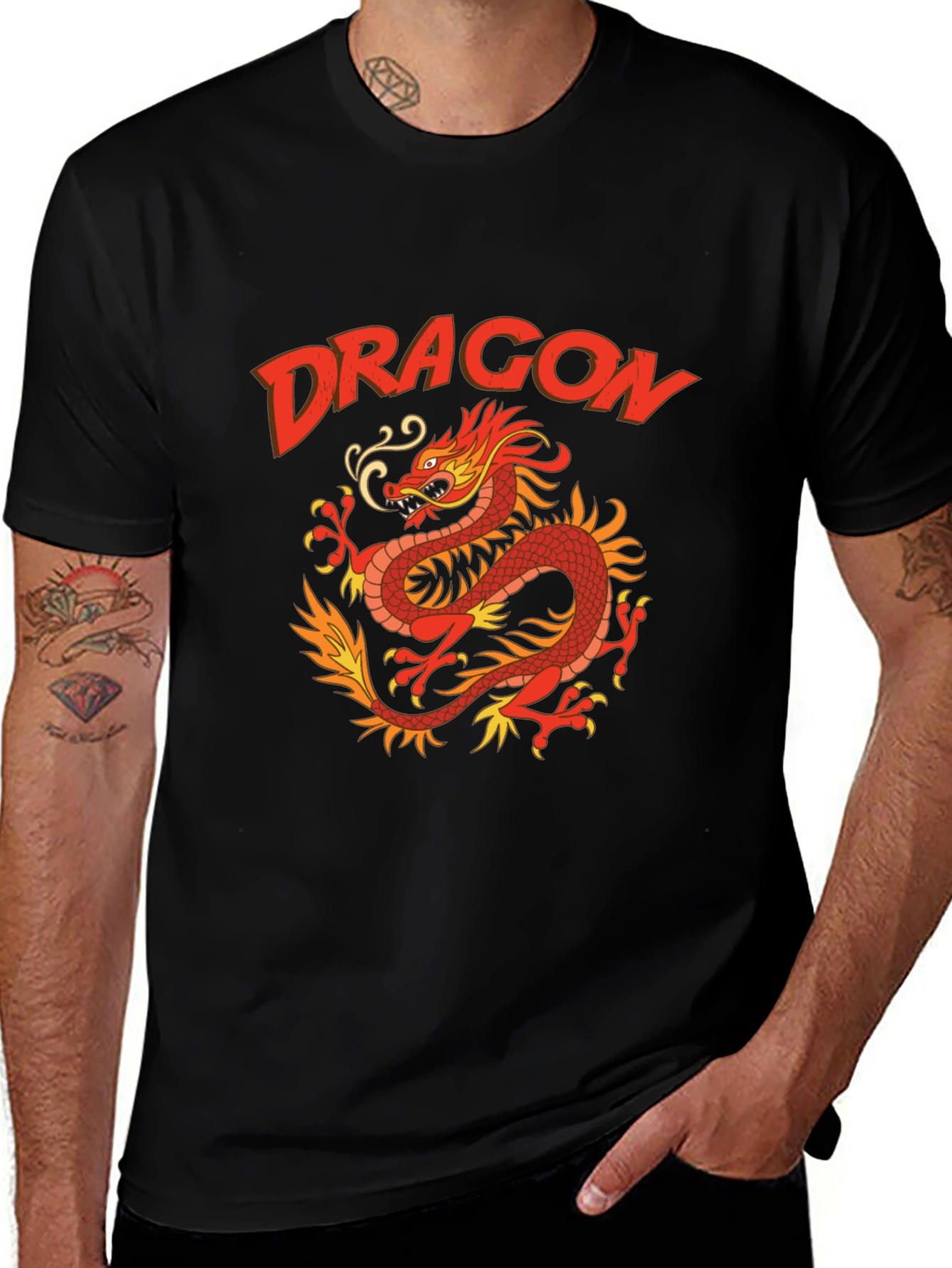 Dragon Graphic Print T-Shirt - Classic Crew Neck Tee