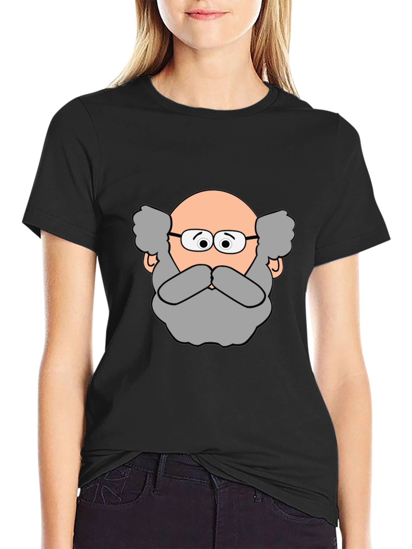 Funny Cartoon Bald Man Portrait Black T-Shirt