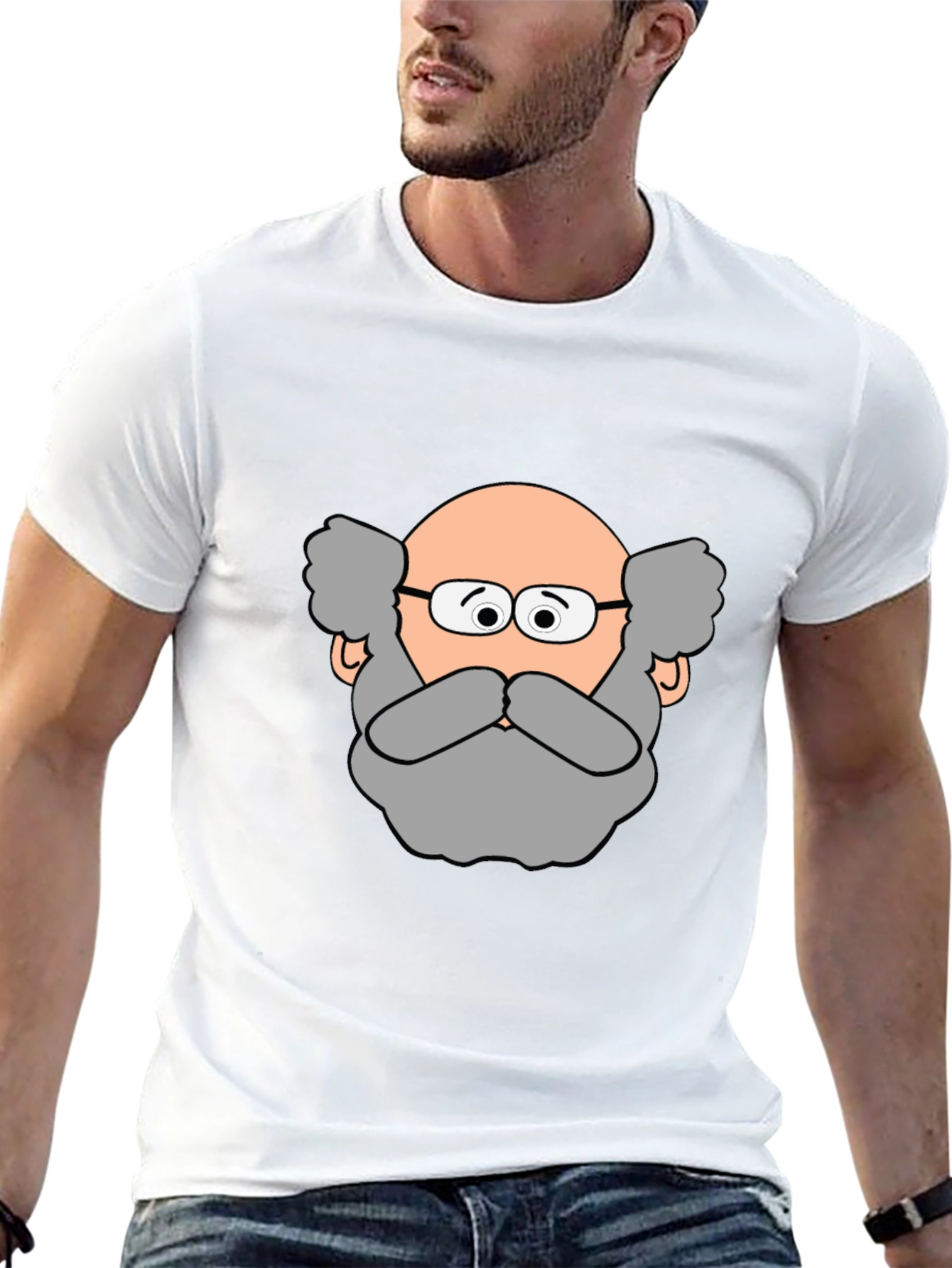 Funny Cartoon Bald Man Portrait Black T-Shirt