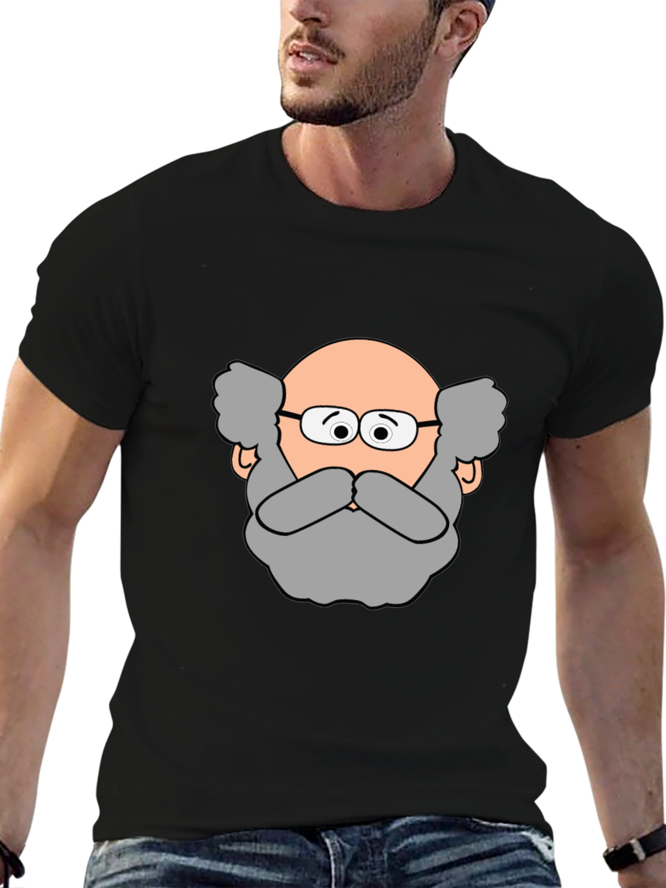 Funny Cartoon Bald Man Portrait Black T-Shirt