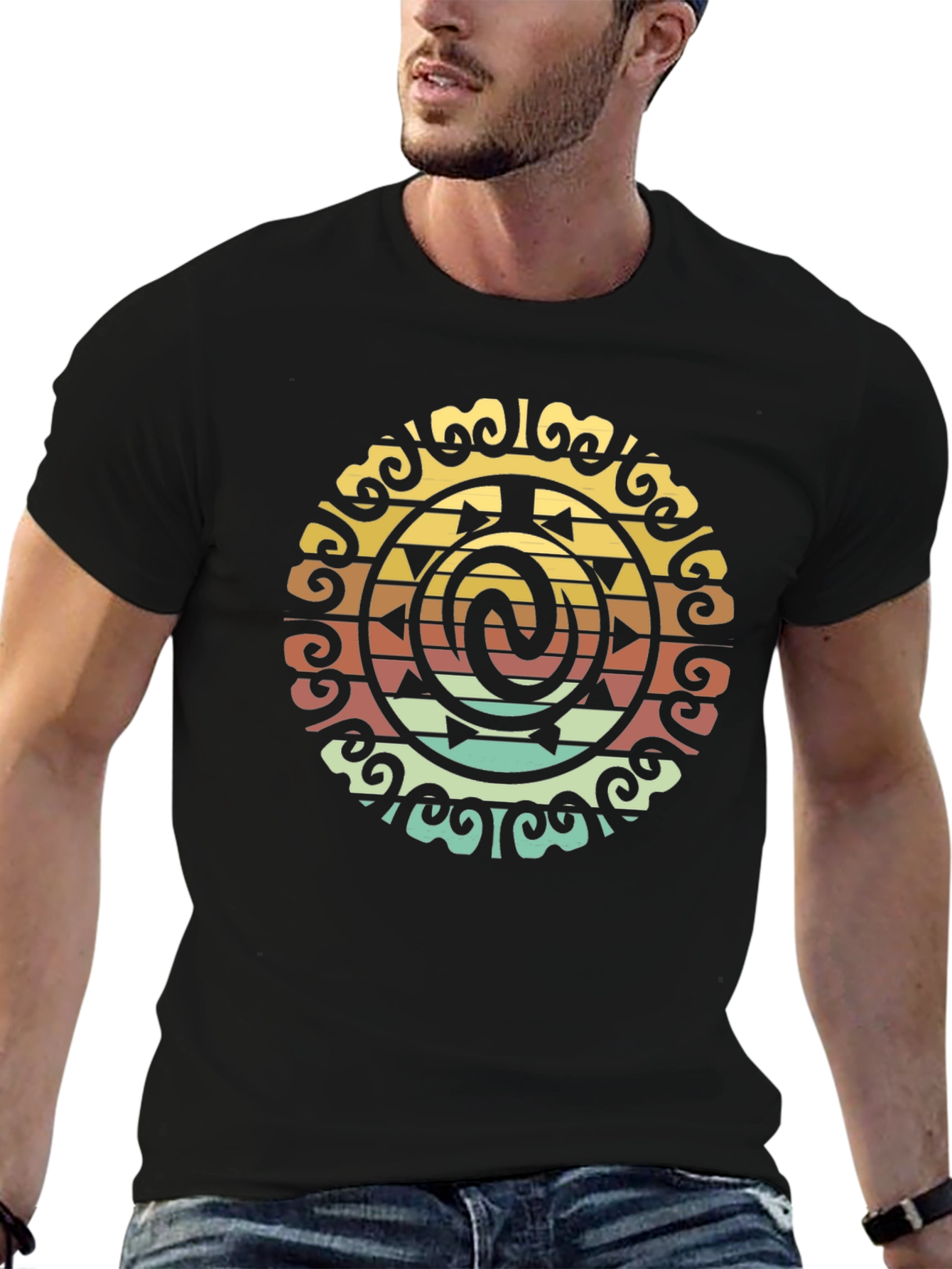 Retro Tribal Circle Graphic Black T-Shirt